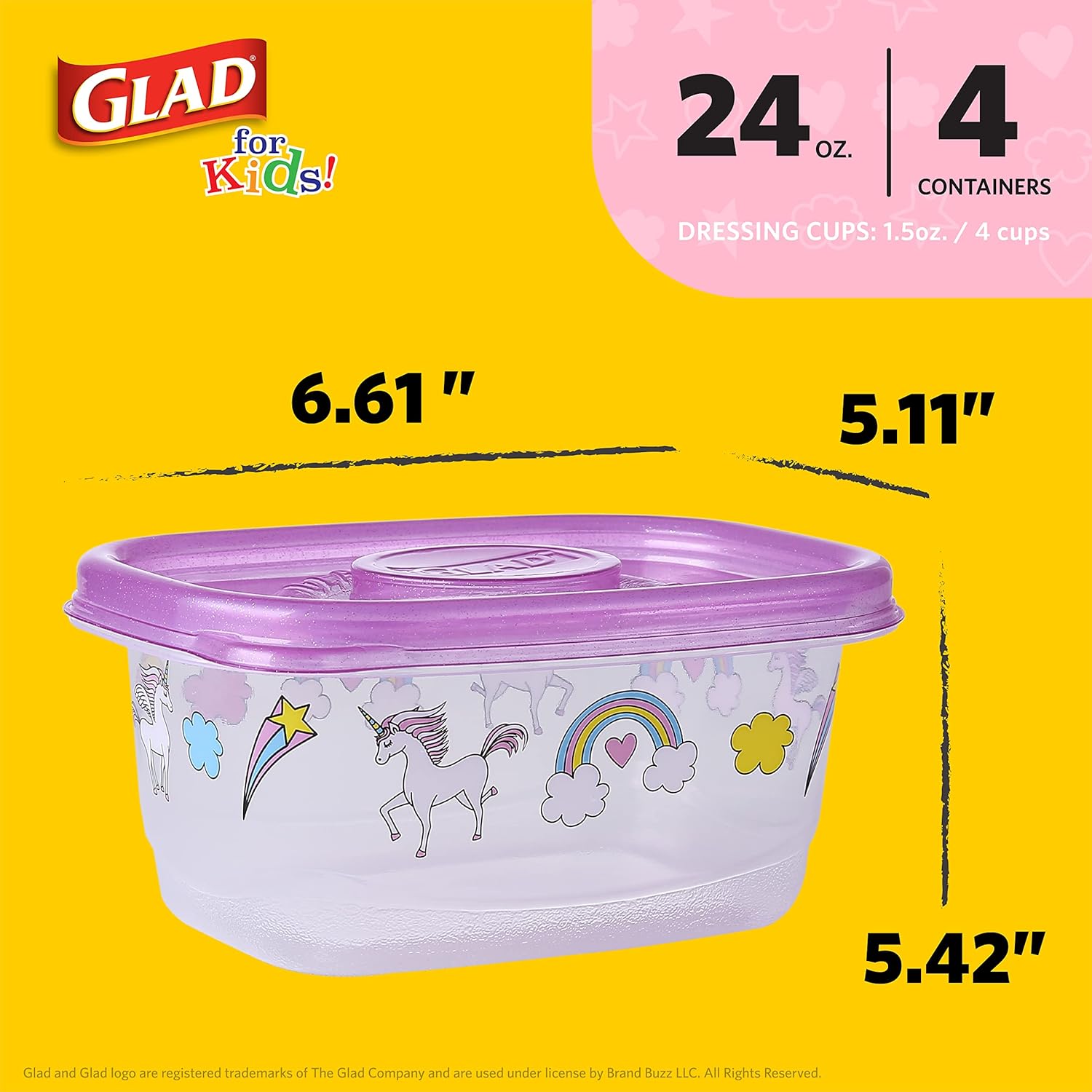 Glad for Kids Unicorns GladWare To Go Snack Storage Containers with Lids & Sauce Cups| 24 oz Kids Snack Containers with Unicorn Design, 4 Count Set with 4 Dressing or Sauce Cups : Baby