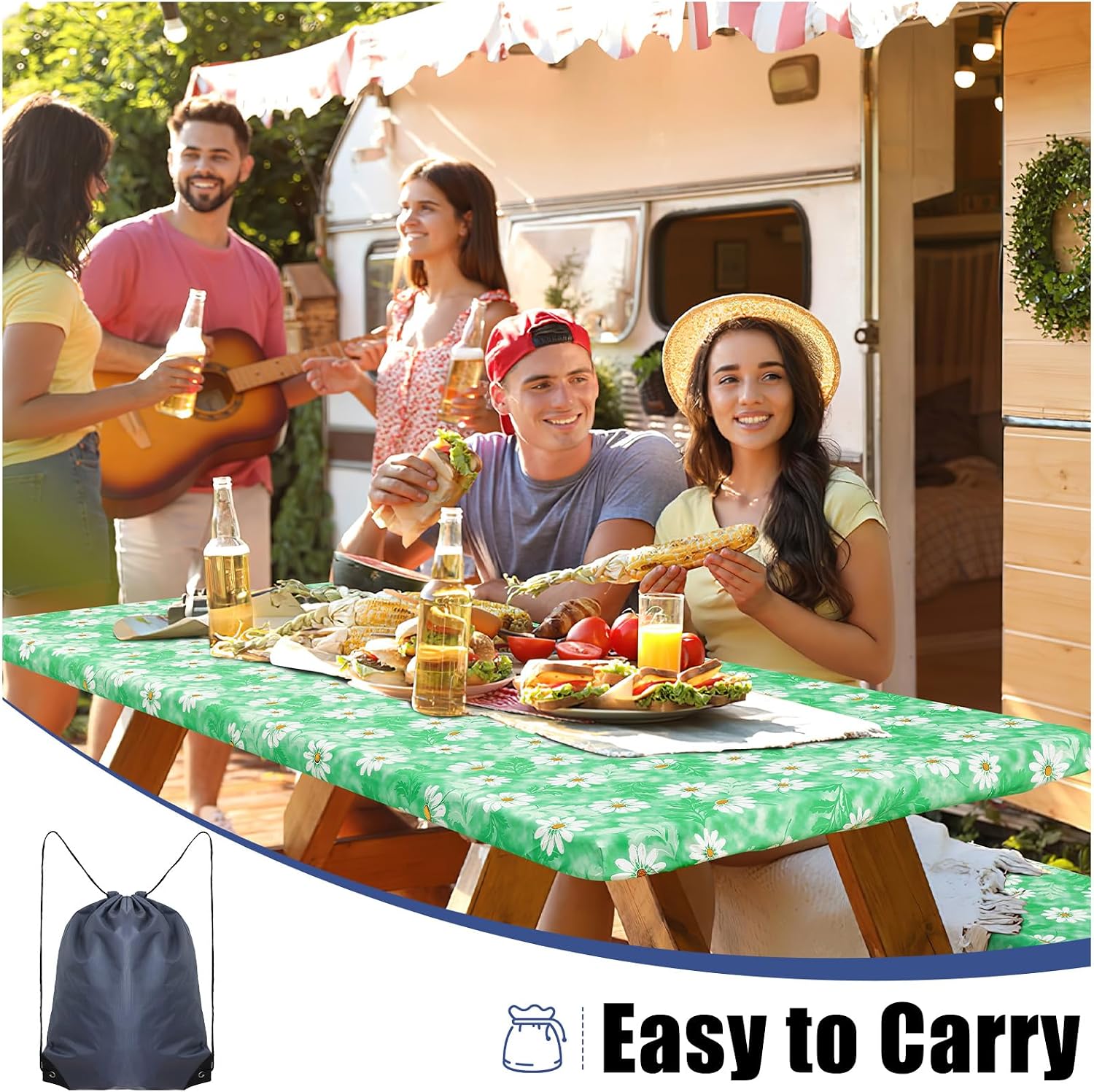  Picnic Table Cover with Bench Covers, Waterproof Elastic Fitted Tablecloth for 6 Foot Tables, Washable Polyester Tablecloths for Camping, Indoor & Outdoor (Green Daisy, 30x72 Inch 3-pc Set) thumbnail