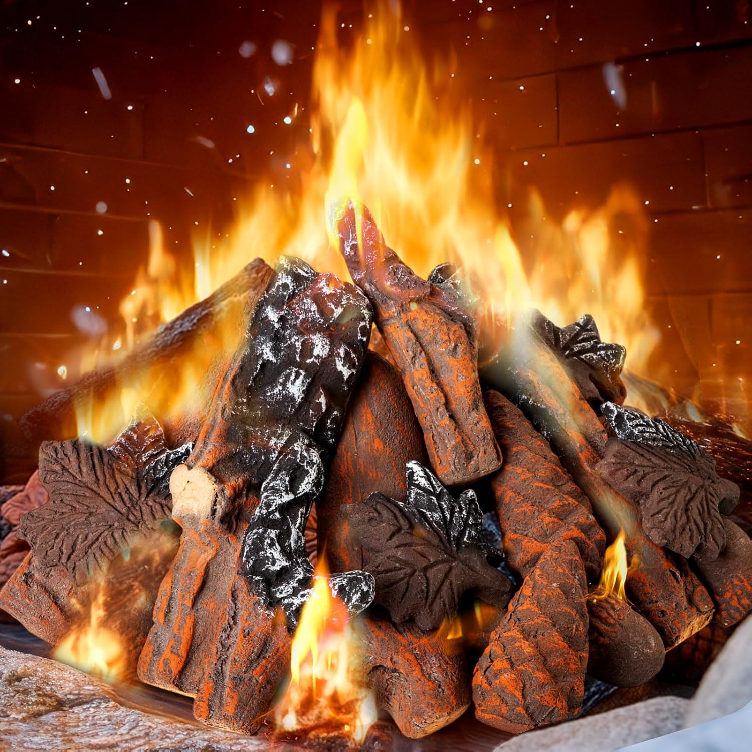 20pcs Ceramic Logs Set for Gas Fireplace Fake Wood Logs Pine Cones Maple Leaf Acorns for Propane, Ventless, Gas Inserts, Indoor Outdoor Fireplace, Fire Pit Christmas Thanksgiving Decor