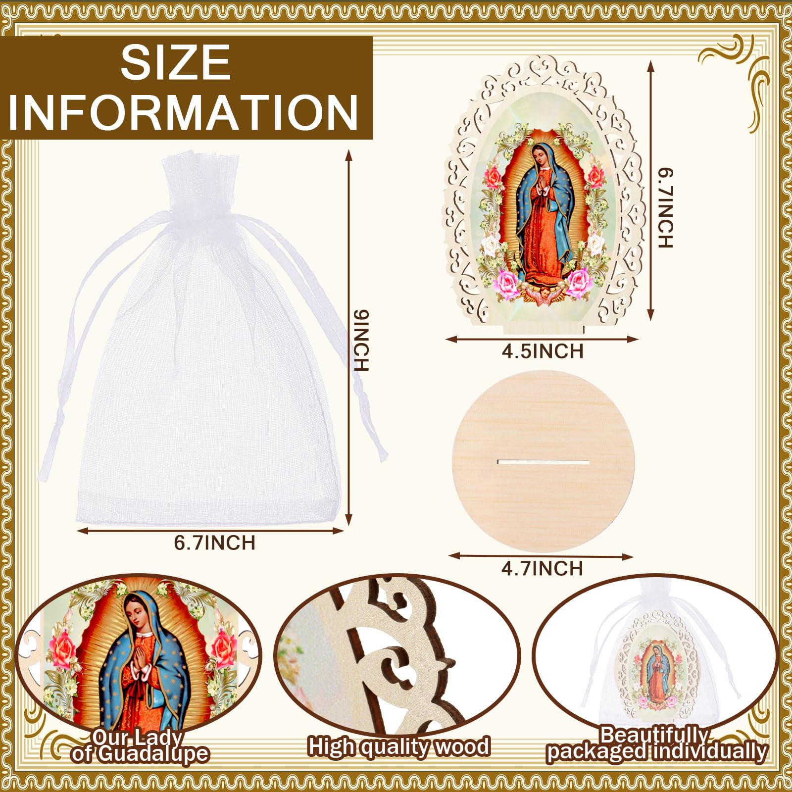 Soaoo Holzstatuen "Our Lady of Guadalupe", "Virgen De Guadalupe", Bilderrahmen, Taufgeschenke für Gäste, Taufaufaufaufaufsätze für Tisch, Erstkommunion, katholische Gastgeschenke, oval, 24 Stück
