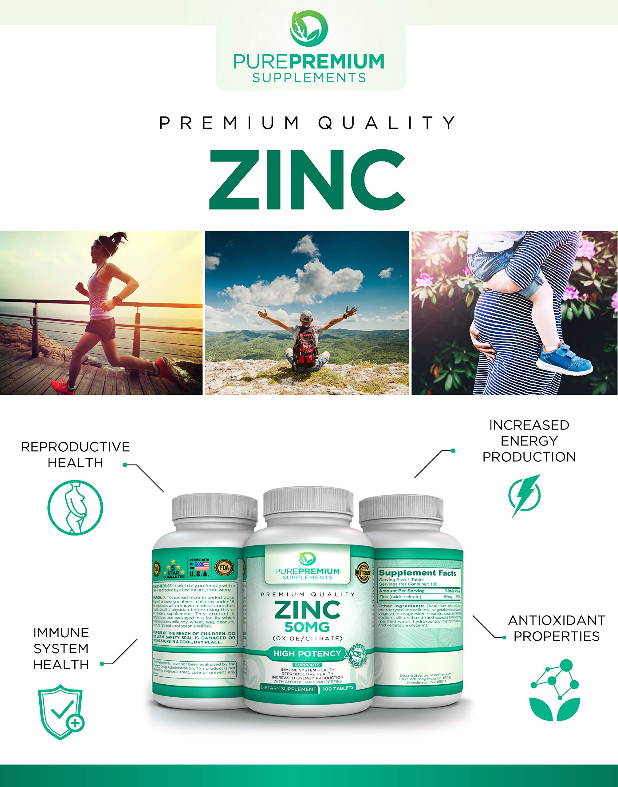 Buy PurePremium Zinc Supplement, Antioxidant, Zinc Oxide/Citrate, Non