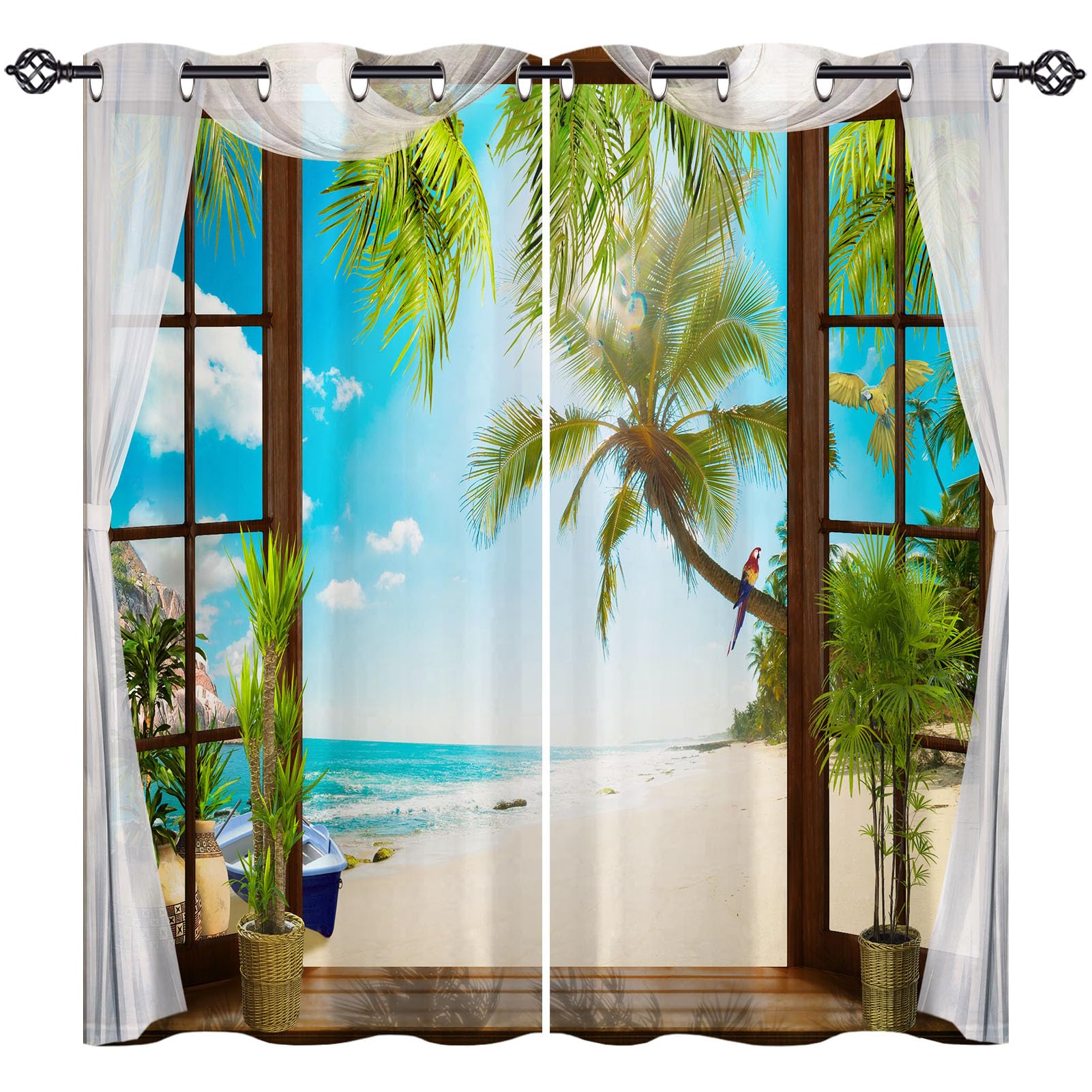 ANHOPE Beach Curtains Eyelet Ring Top Soft Thermal Insulated Blackout Curtains Wooden Window Palm Tree Parrot Print Pattern Decorative Window Drapes for Bedroom Living Room 55 x 63 Drop Inch 2 Panels