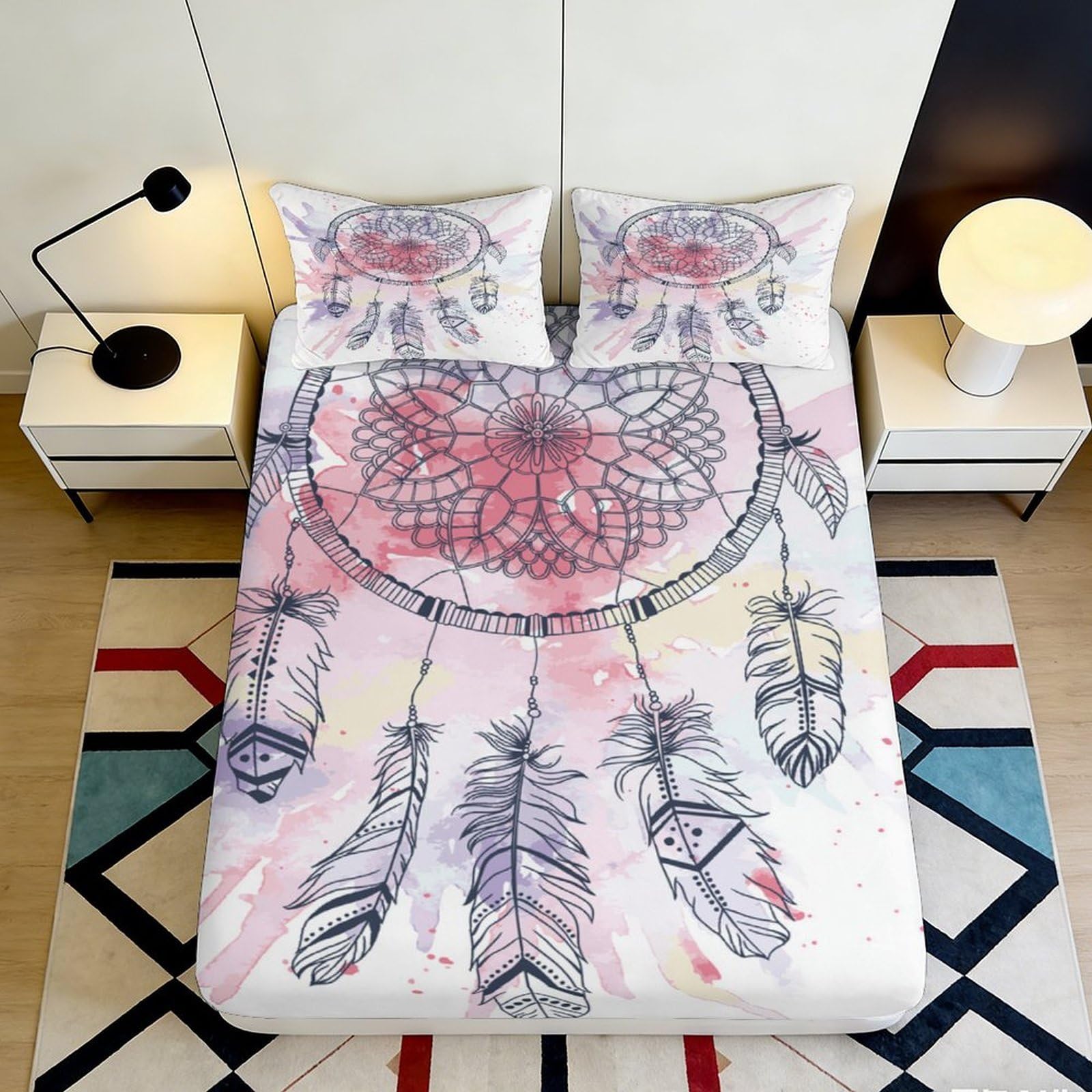 3D Printed Dreamcatcher Fitted Sheet Microfiber Soft Breathable Watercolor Bed Cover for Bedroom Dormitory Guest Room Mattress Protection Decor 120x200x25cm