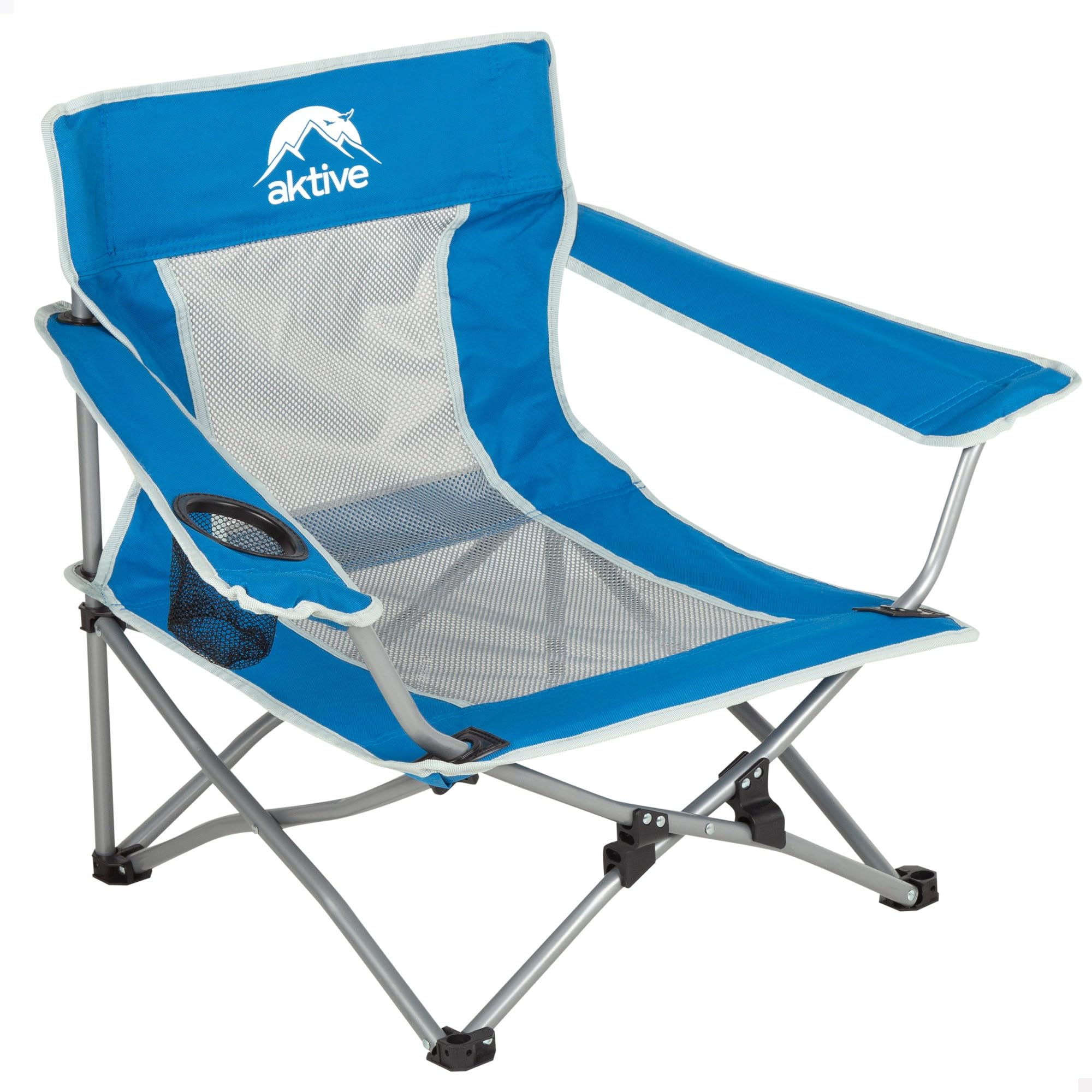 AKTIVE Silla Plegable, 49 x 46 x 60 cm, Azul, Asiento bajo, Posavasos, Topes antivuelco, Soporta 110 kg, Estructura Acero, Tejido poliéster, Asa Hombro, Plegado acordeón (63061)