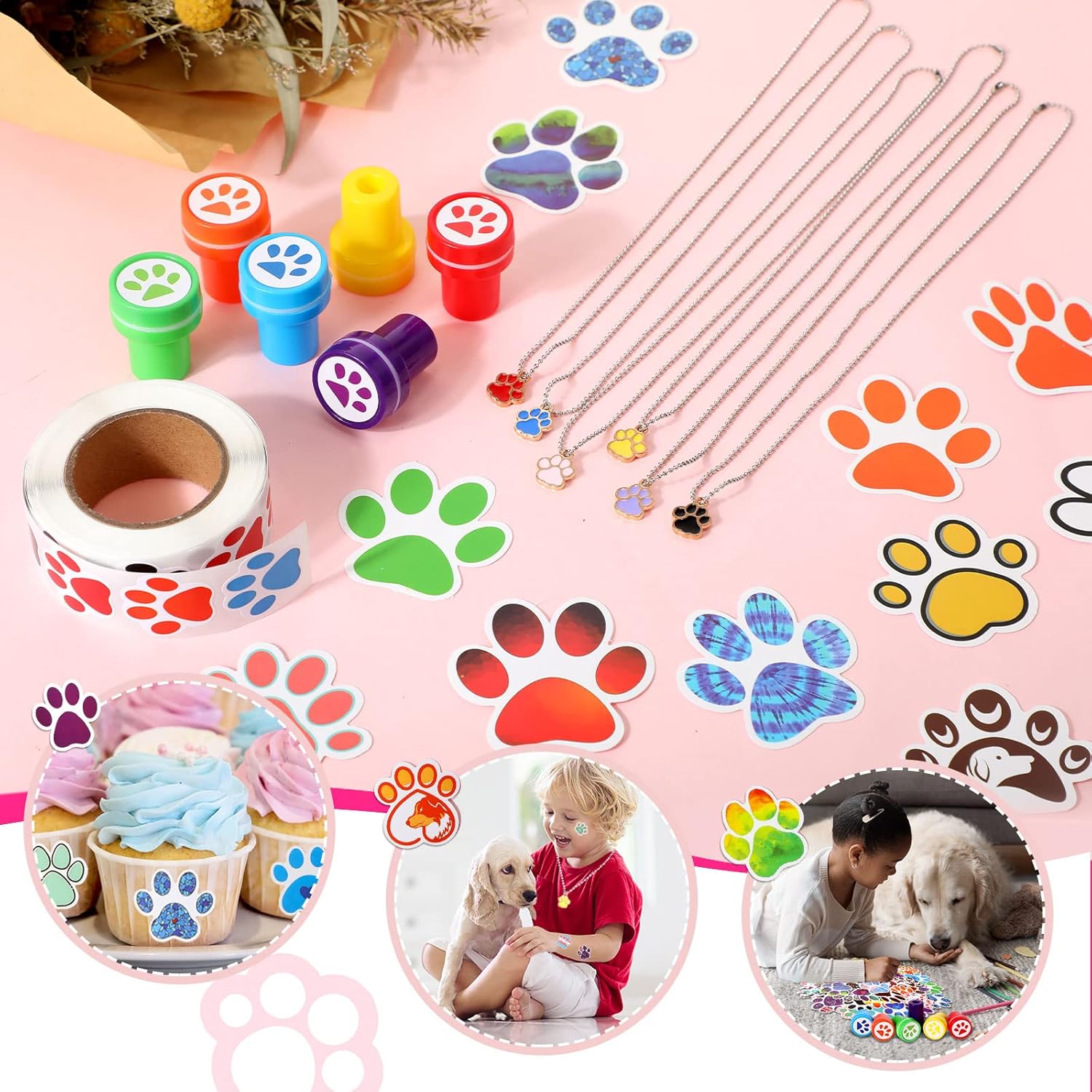 Gejoy 178 Pcs Dog Paw Party Favors Set for 18 Kids Dog Paw Print Party Supplies Reusable Drinking Straws Cups Silicone Bracelet Stamper Sticker Keychain Necklace Thank You Tag for Boys Girls(Cute)