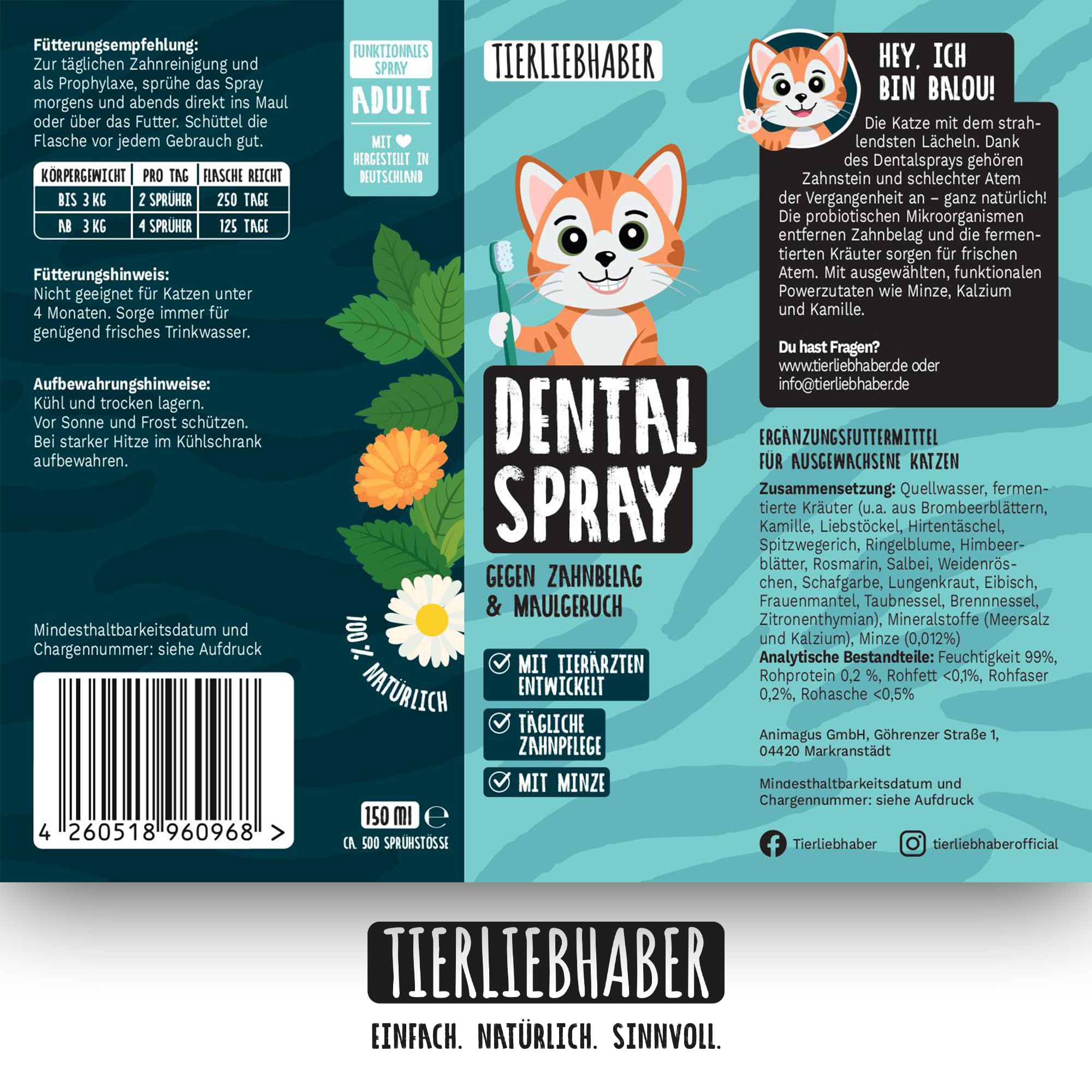 TIERLIEBHABER Dentalspray für Katzen Zahnpflege – Zahnpflege Katzen Zahnpasta Alternative – Gegen Katze Mundgeruch & Zahnstein Katze 100% natürlich – Tierärztlich in Deutschland entwickelt