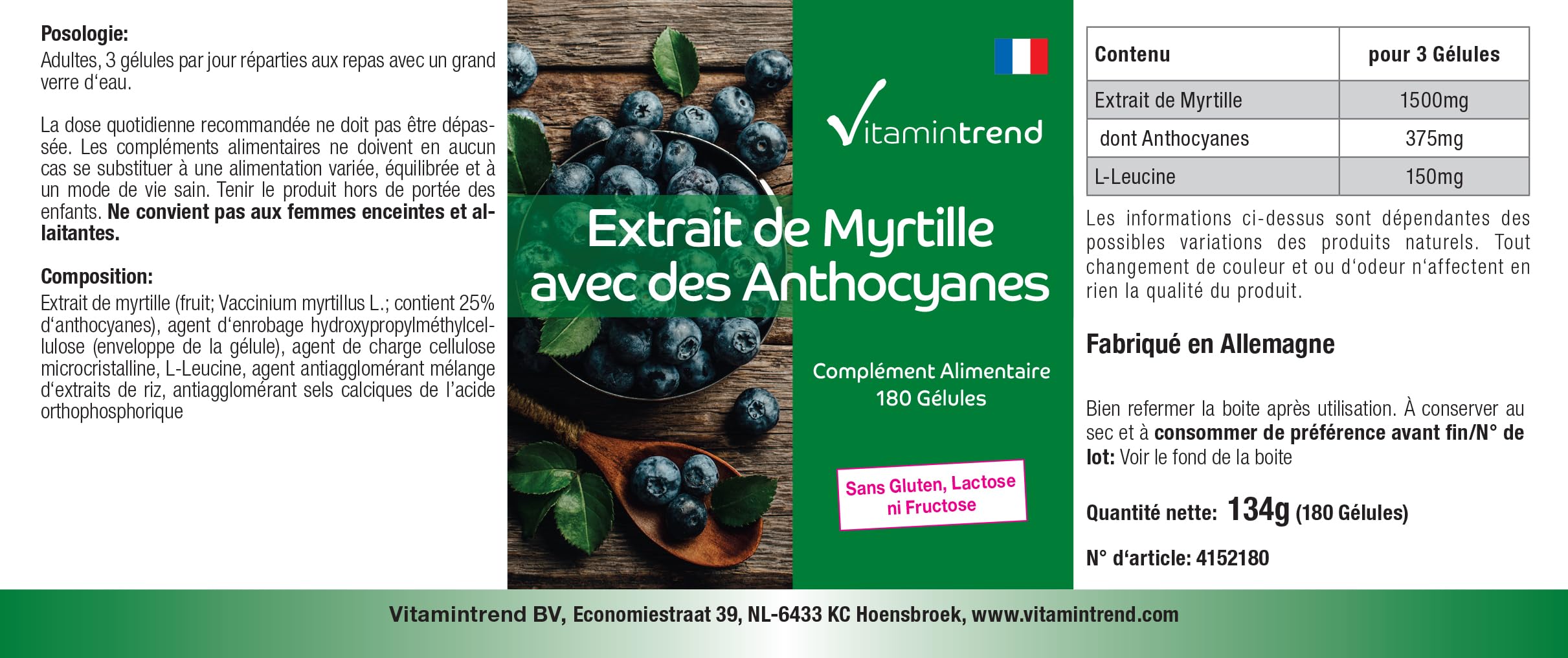 Vitamintrend Extrait de myrtille avec 25% d'anthocyanes, 180 gélules, hautement dosé, complément alimentaire végan sans stéarate de magnésium, fabriqué en Allemagne