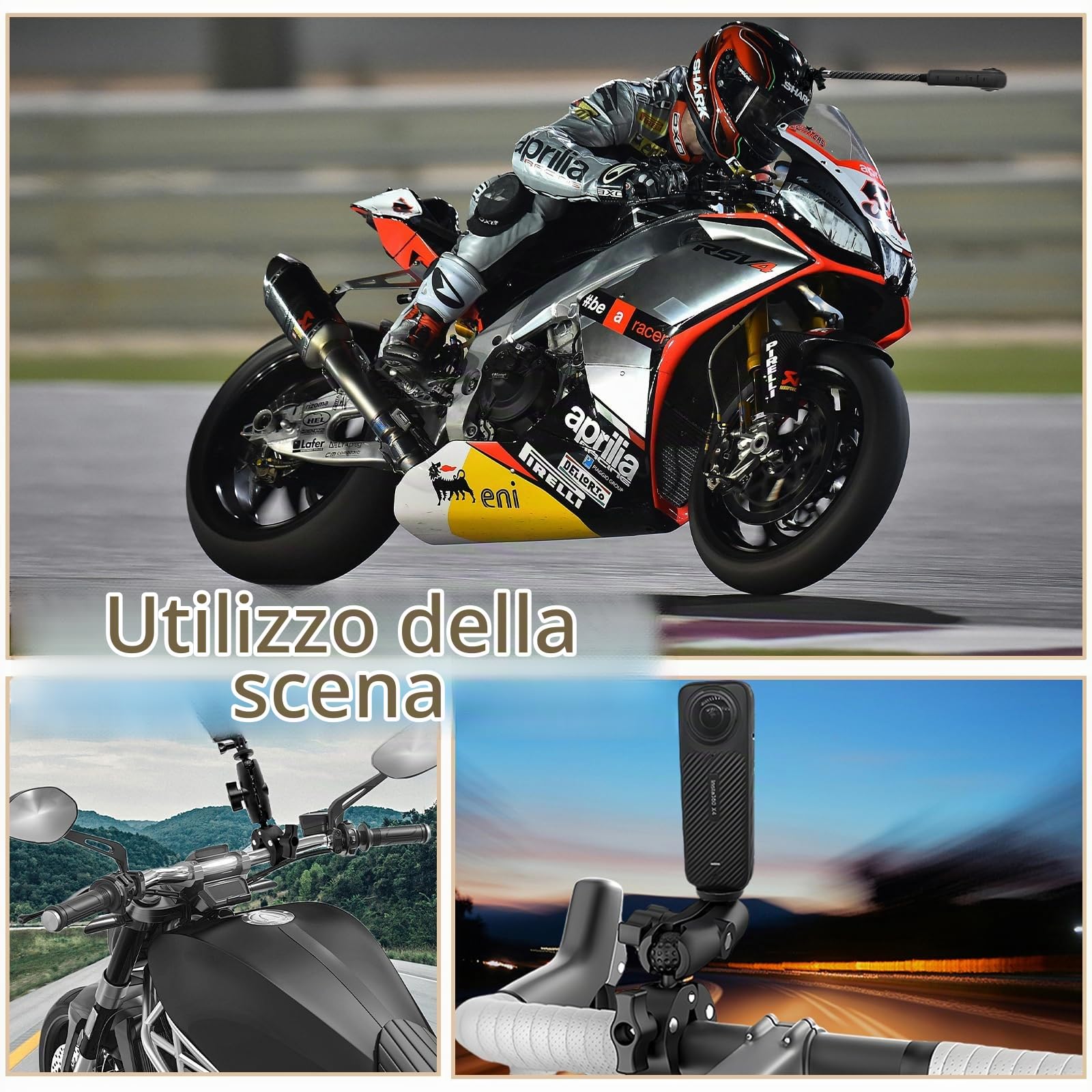 Kit di montaggio per manubrio di bici e moto, morsetto con braccio di estensione per selfie, compatibile con Insta 360 X4, X3, X2, X ONE RS, R ACE, Pro Go 3, 2, Go Pro Series