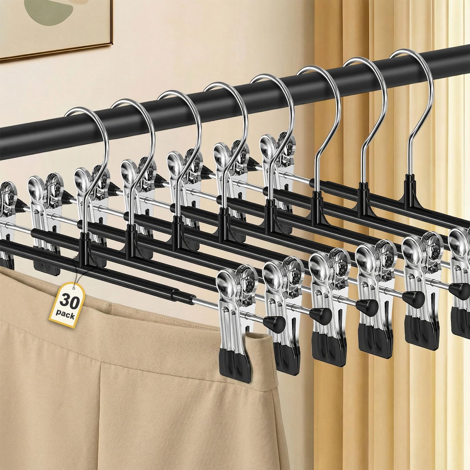 POZEAN Pants Hangers with Clips for Women 30 Pack, 12Inch Adjustable Heavy Duty Skirt Hangers, Space Saving Non-Slip Shorts Jeans Trousers Clothes Hangers, Black