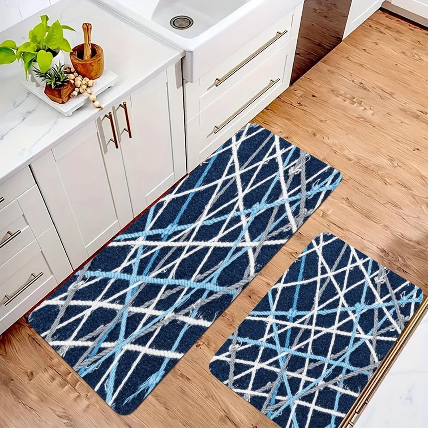 Blue and White Knot Kitchen Mat Kitchen Rug Set | Kitchen Rugs Flannel Velvety Washable breathable Water Absorbent Soft ，kitchen utensils for Kitchen, Floor,Laundry