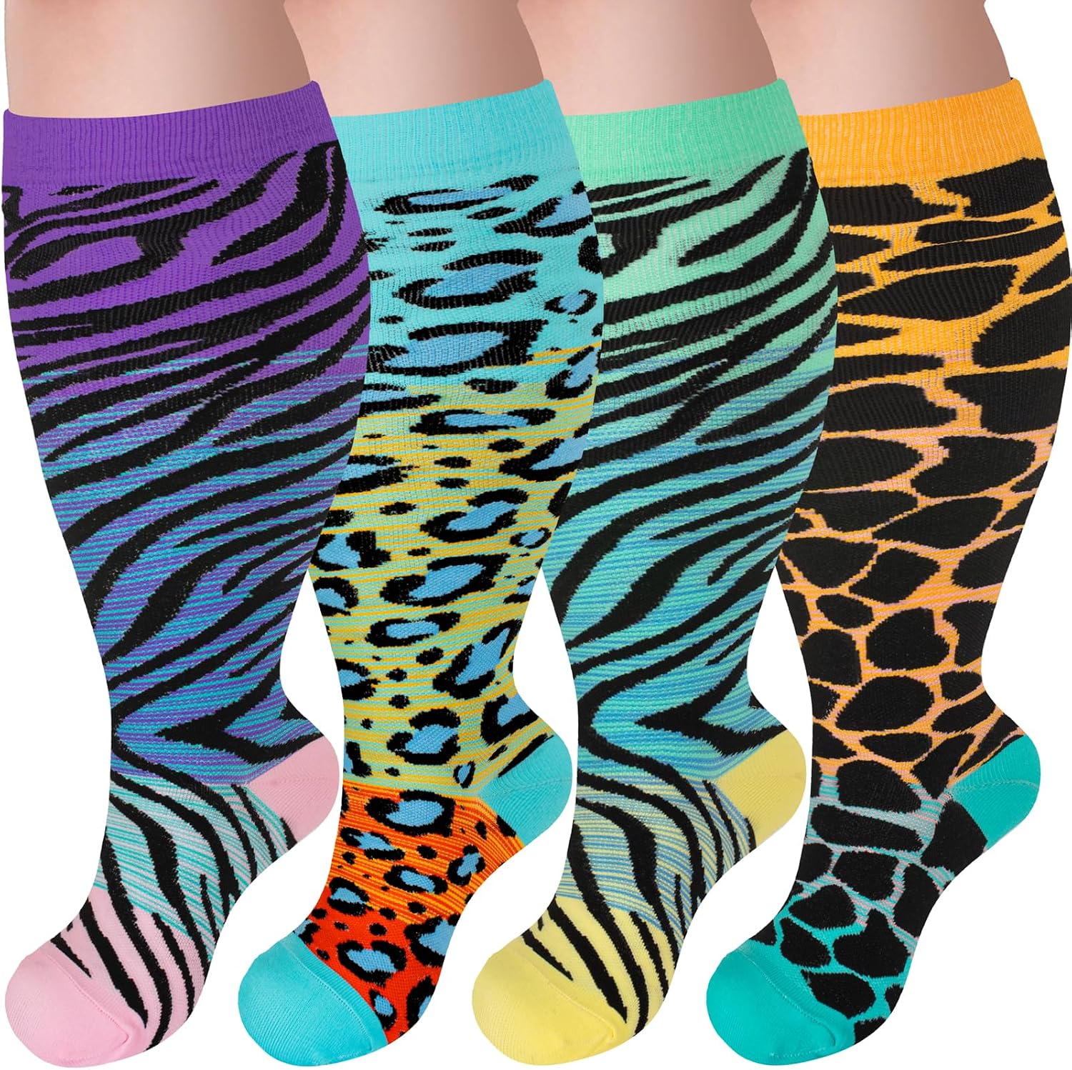 4 Pairs Plus Size Compression Socks,Extra Wide Calf 20-30 mmHg Knee High Compression Socks for Men Women Circulation