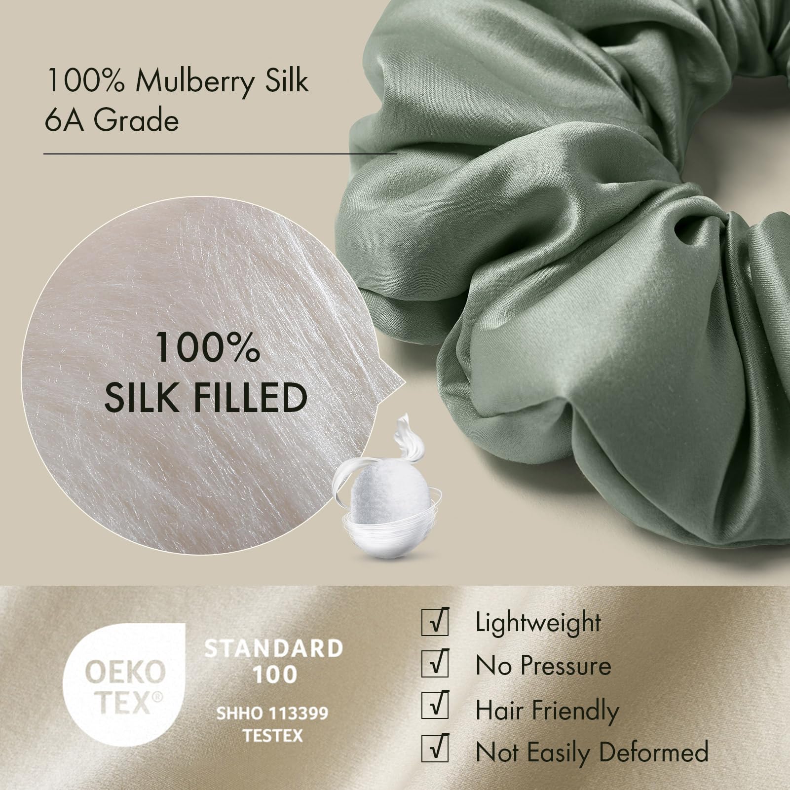 LILYSILK Women's 100% Mulberry Silk Big Hair Scrunchies Ladies Pure Silk Filled Giant XL Ponytail Holder Oversized Elastic Hair Tie Band Large Jumbo Hair Bobble for Breakage Prevention(Avocado Green) - Image 3