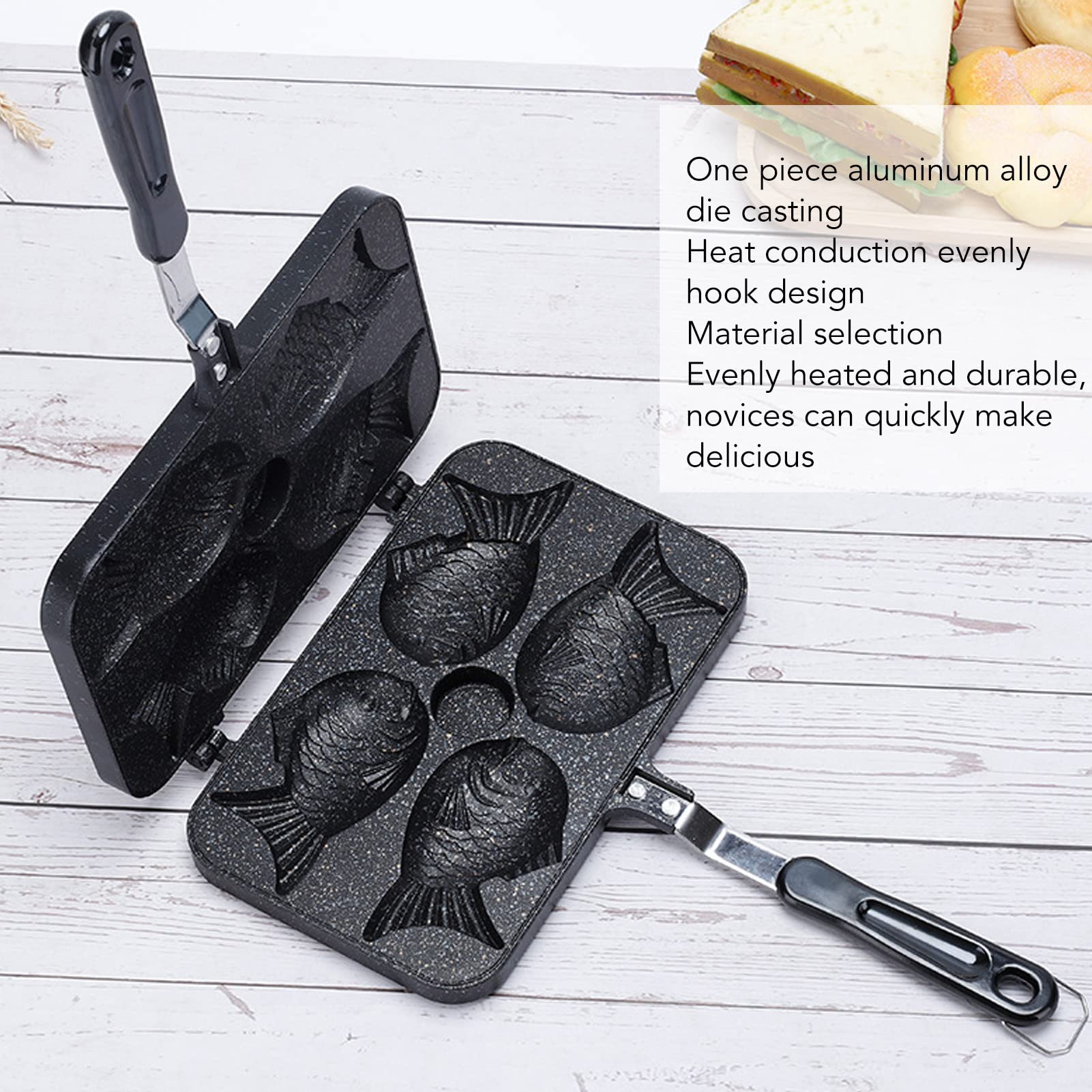 ZJchao Taiyaki Fish Shape Cake Pan, 4 Grids Waffle Cake Maker Pan Non Stick Taiyaki Frypan Double Sided with Anti Scalding Handle Pancake Double Pan for Kitchen Home DIY Cooking