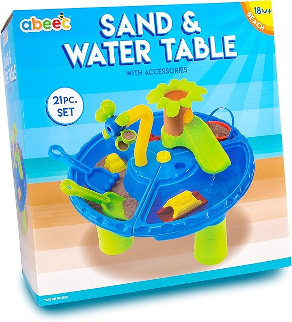 abeec Sand And Water Table - Water And Sand Play Table - Sand Toys - Kids Outdoor Play Equipment - Kids Outdoor Toys - Water Wheel, Sand Shapes, Plastic Boats & More Sand Pit Toys