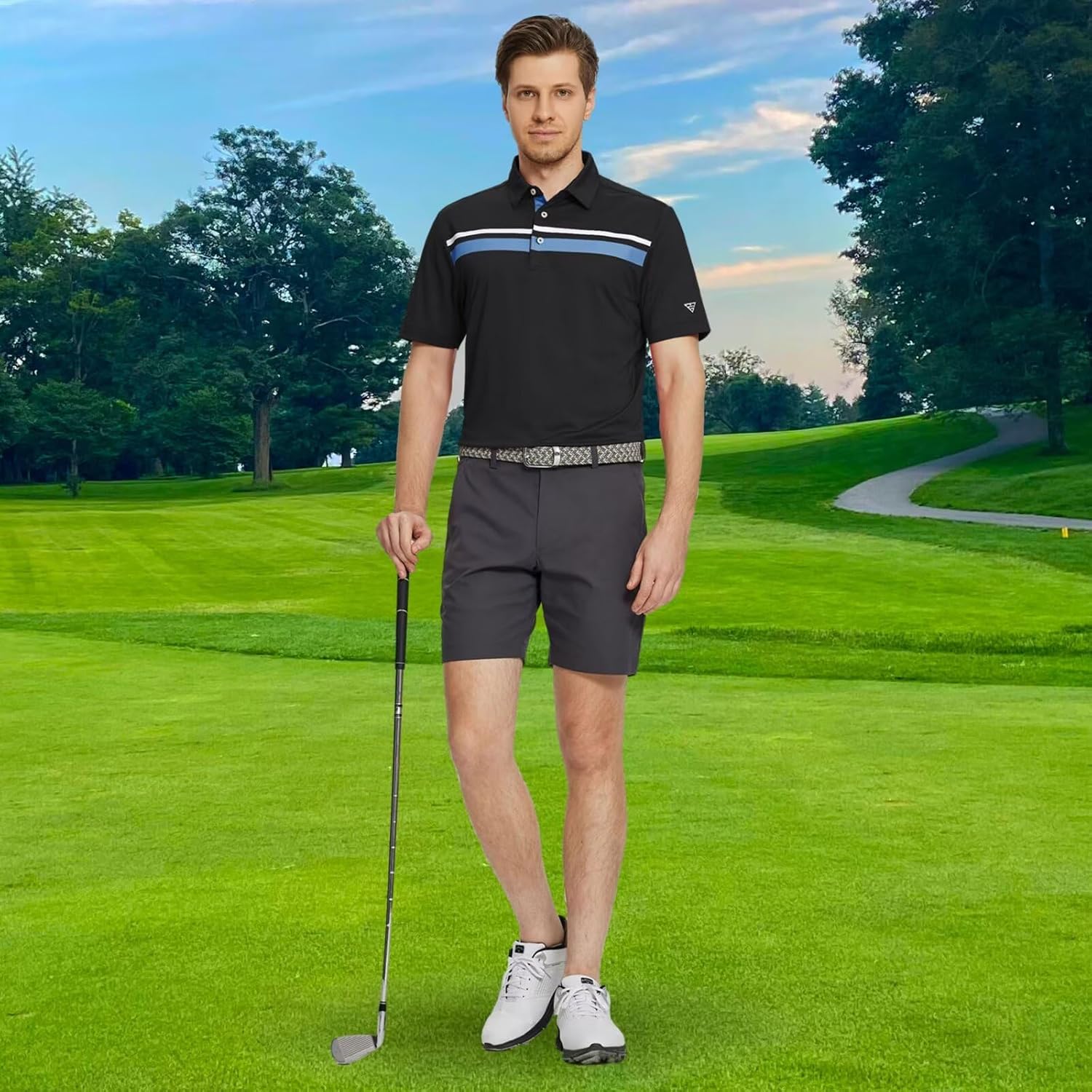 M MAELREG Golf Shirts for Men Short Sleeve Regular Fit Moisture Wicking Performance Casual Striped Print Mens Polo Shirts - Image 2