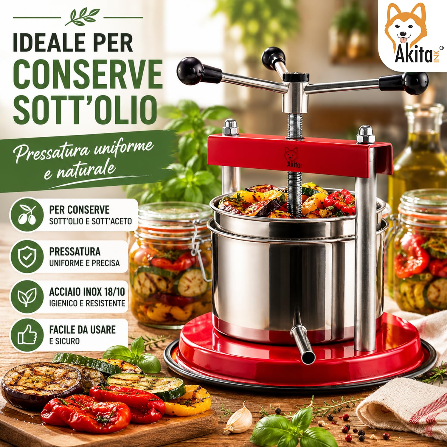 Akitaink Torchietto Manuale da Cucina 12 cm 1,75 L, Pressa con Bicchiere e Filtro in Acciaio Inox per Sottolio, Sottaceto, Carne e Frutta