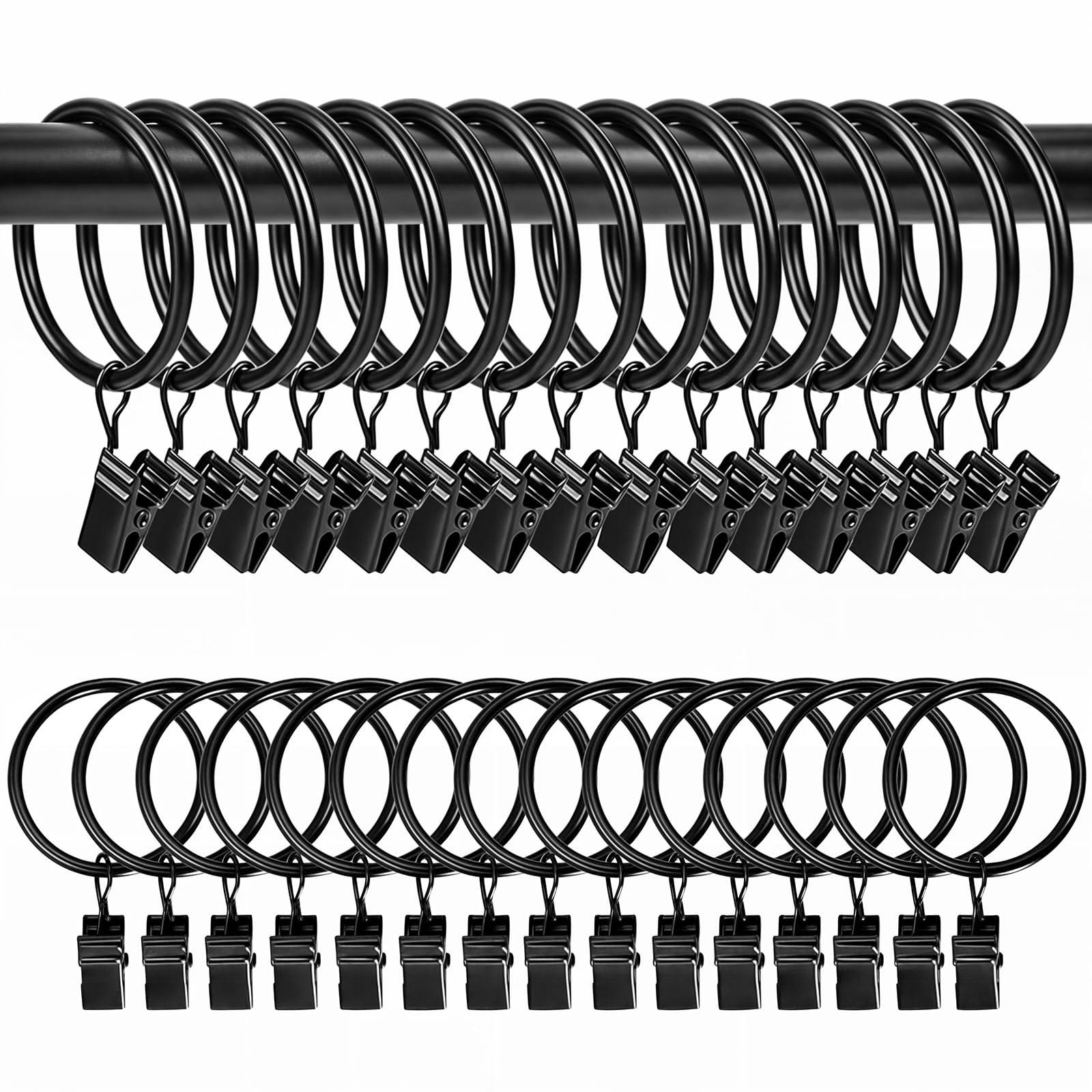 Pince Rideau 40 Anneaux Rideaux Noirs Avec Pince - Diamètre 32mm - Pour Tringle à Rideaux - Salon/Chambre Anneau Rideau