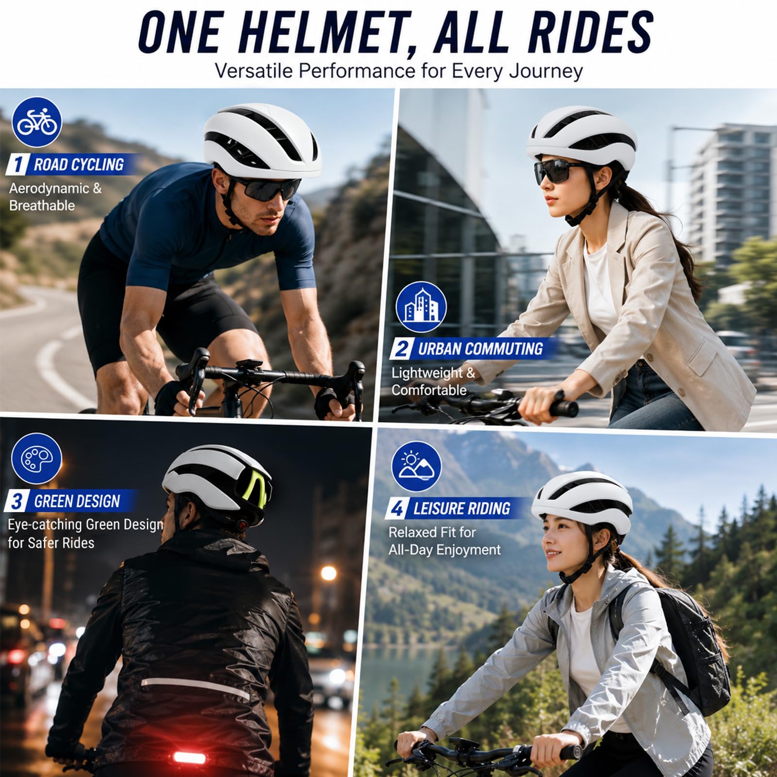Rennradhelm Erwachsene Unisex Sportiver Fahrradhelm Einstellbarer 58-61cm Aerodynamisches Design mit Großen Belüftungsöffnungen für Damen und Herren, Matt Weiß, L