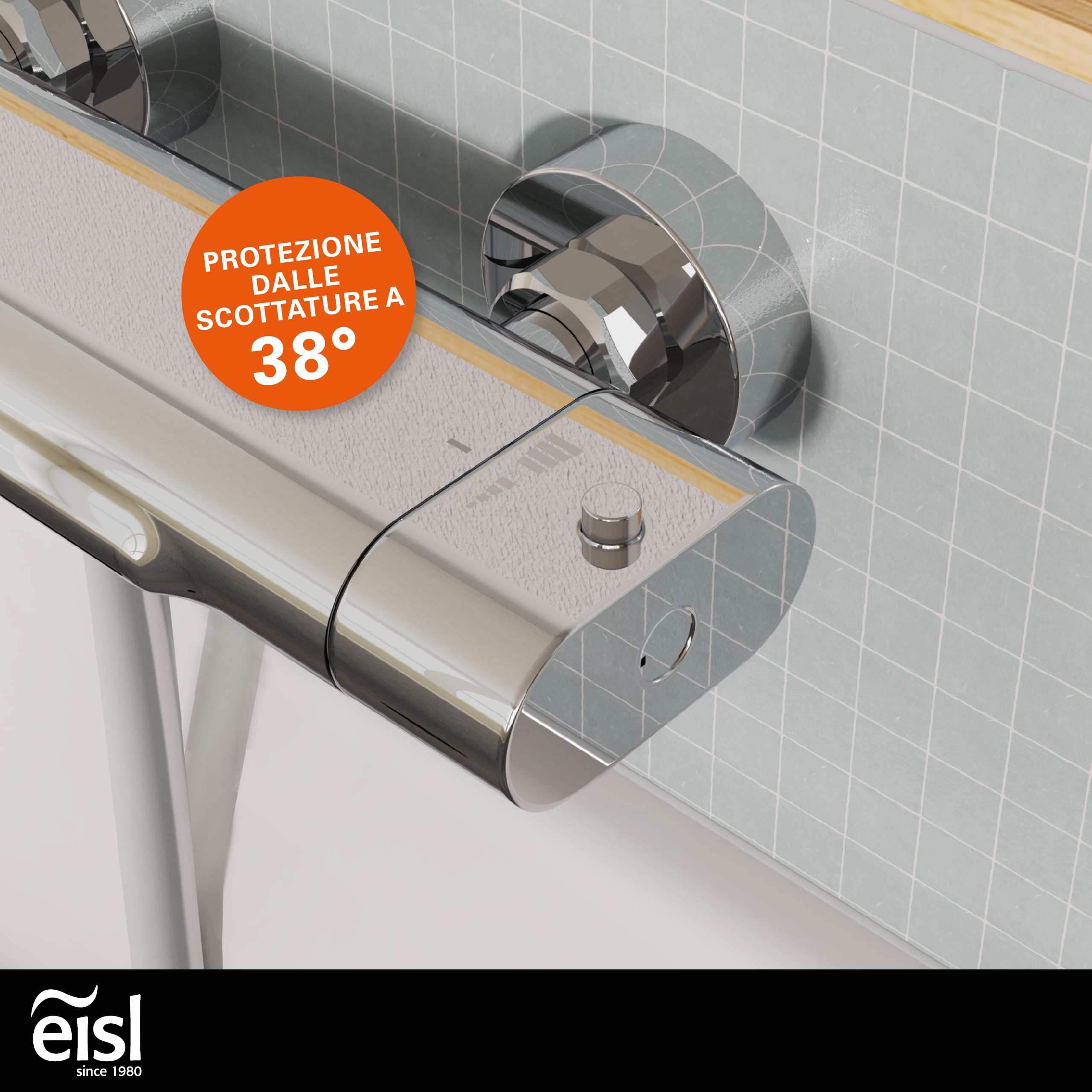 EISL 1330090 CARNEO, rubinetto vasca da bagno, miscelatore con controllo termostatico, bocca a cascata, blocco di sicurezza a 38°C, miscelatore vasca da bagno, cromo