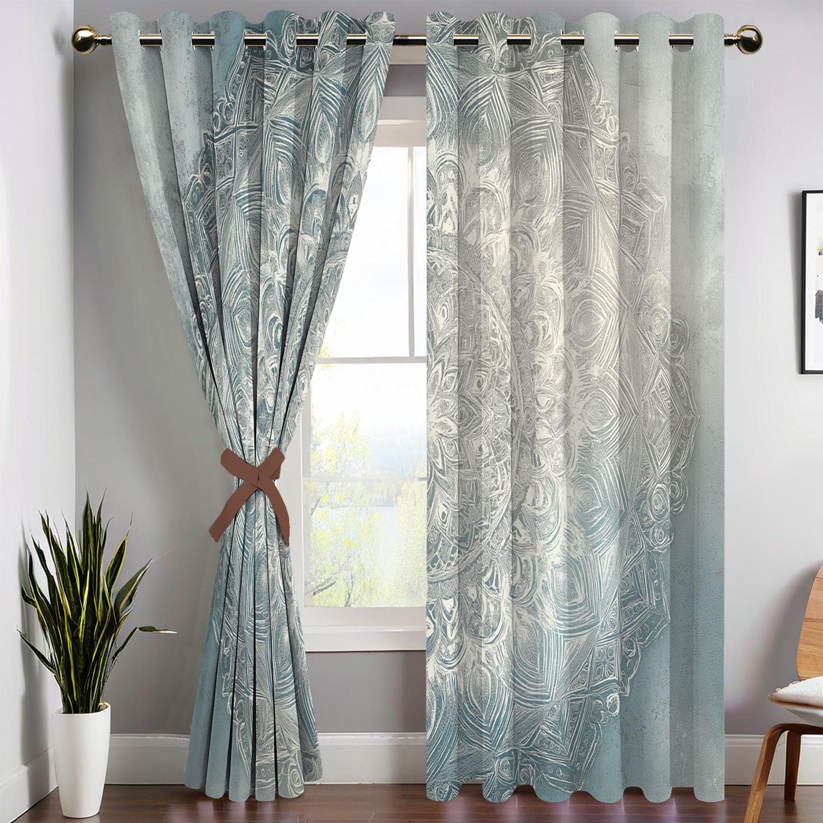 Bohême Rideau Occultant Bleu, Thermique Isolant Anti Froid, Rideau Mandala,140x180 cm Lot de 2 Rideaux à Oeillets, pour Chambre, Salon, Chambre Enfant