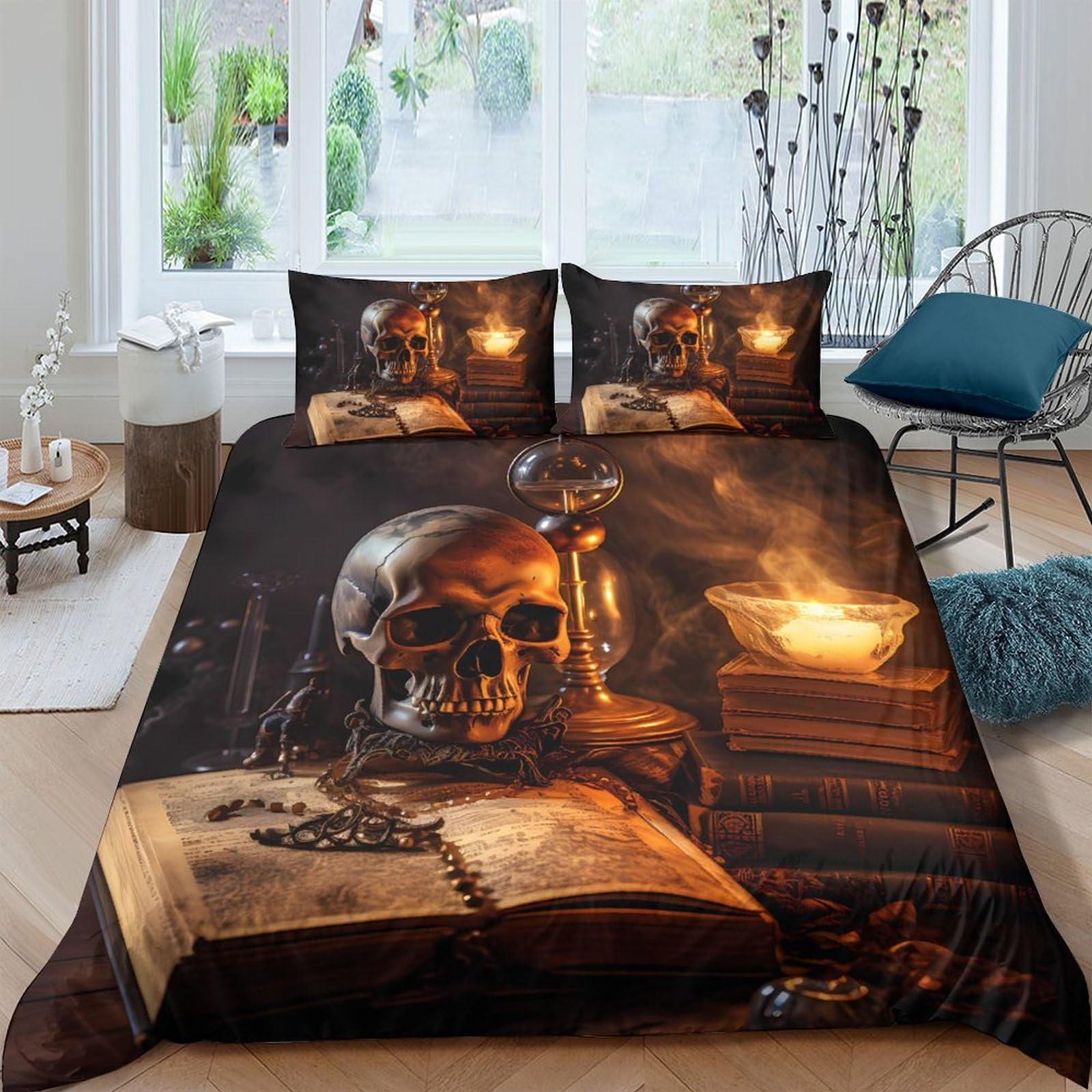 GPLZQXKJNH 3D Printed Skull Candle Book Duvet Cover Microfiber Set with 2 Pillowcases for Bedroom Home Decor Single（135x200cm）