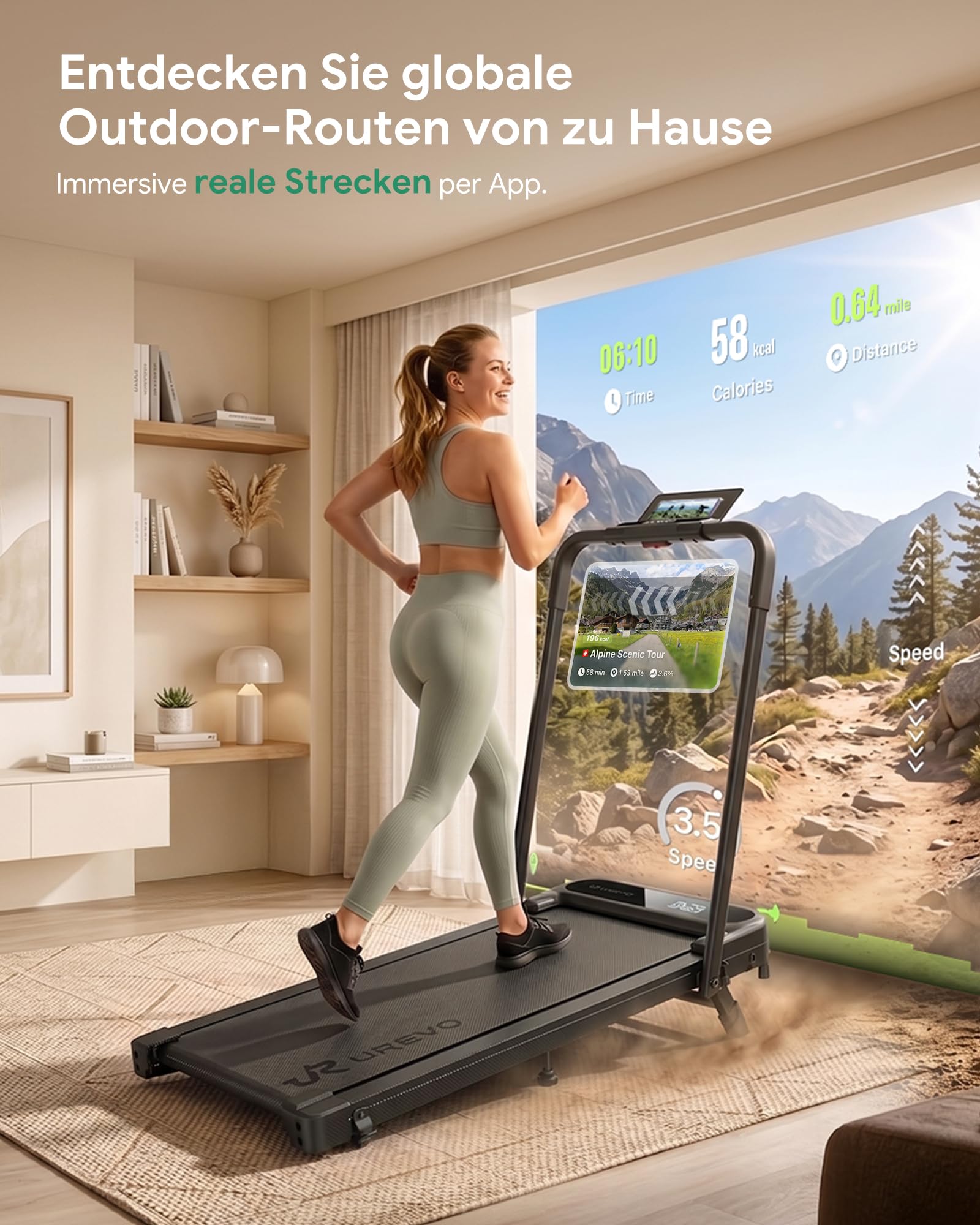UREVO Tapis Roulant Pieghevole Smart 2 in 1 con App, Inclinazione Manuale del 12%, Walking Pad Compatto con Corrimano e Display LED, 1-10 km/h per Camminare e Correre a Casa e in Ufficio