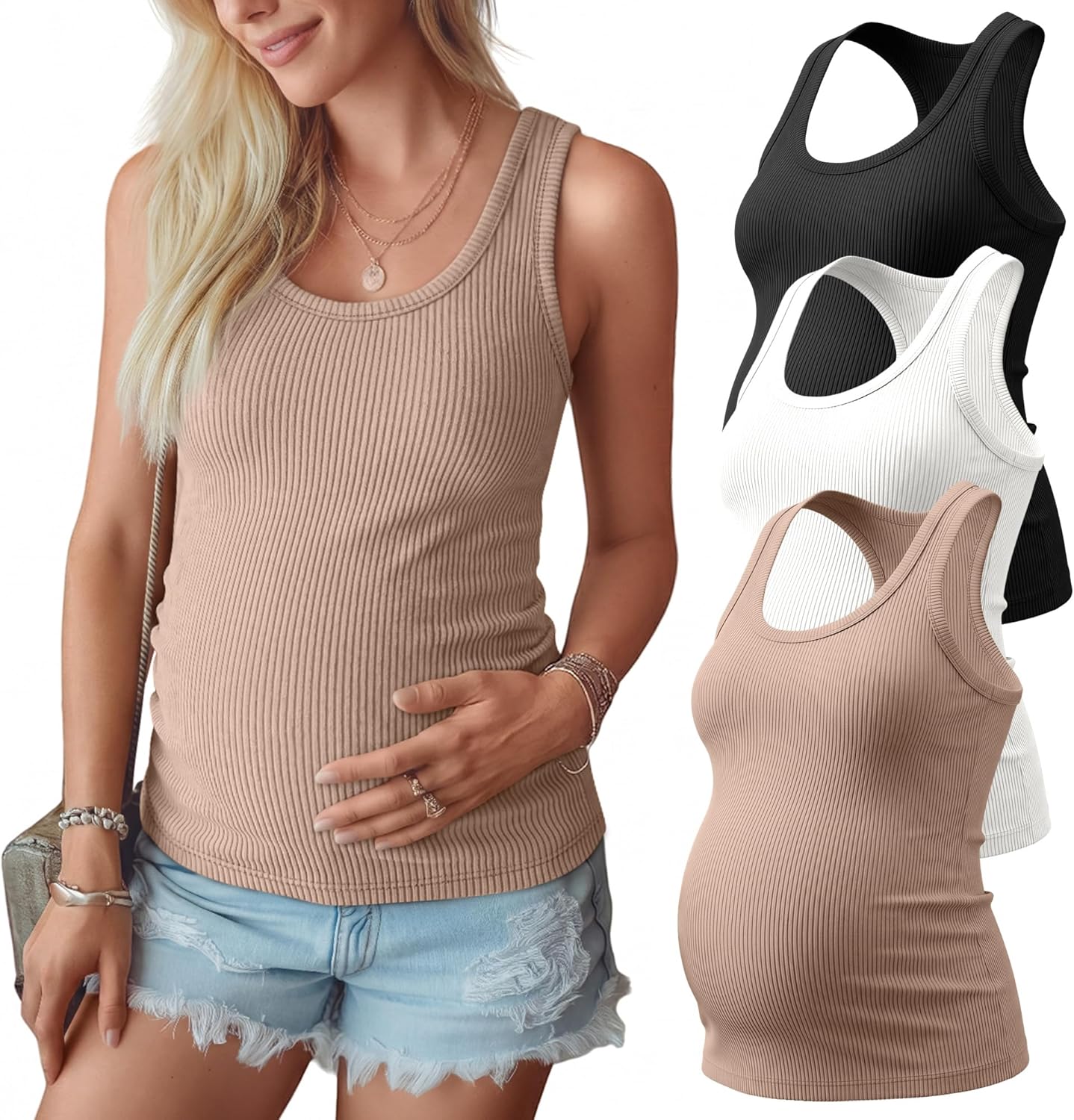 Locoowai 3 Pack Women's Maternity Tank Tops Sleeveless Racerback Summer Pregnancy Shirts Ribbed Knit Mama Clothes(Khaki, White, Black,X-Large)