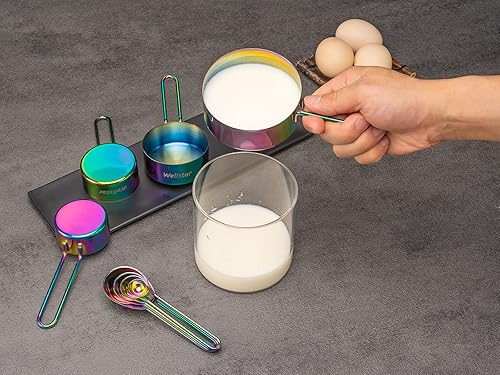 Miniatura 7 de WELLSTAR Juego de 8 tazas y cucharas medidoras de acero inoxidable 18/8 de grado alimenticio para medición de líquidos secos, accesorios de cocina