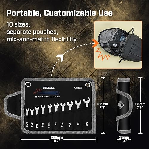 Miniatura 4 de Juego de llaves pequeñas, juego de llaves combinadas enana, 10 piezas, SAE, 532" - 716", ligero, con bolsa rodante para tuercas de reparación de