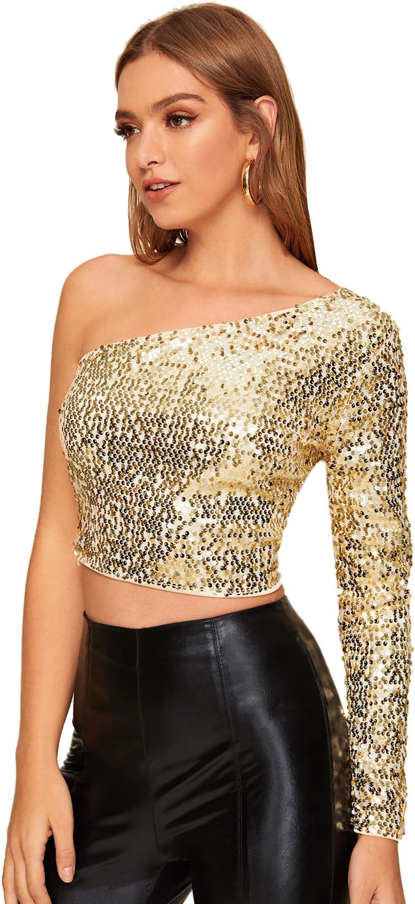 VerdusaWomen's One Shoulder Glitter Sequin Crop T-Shirt Top