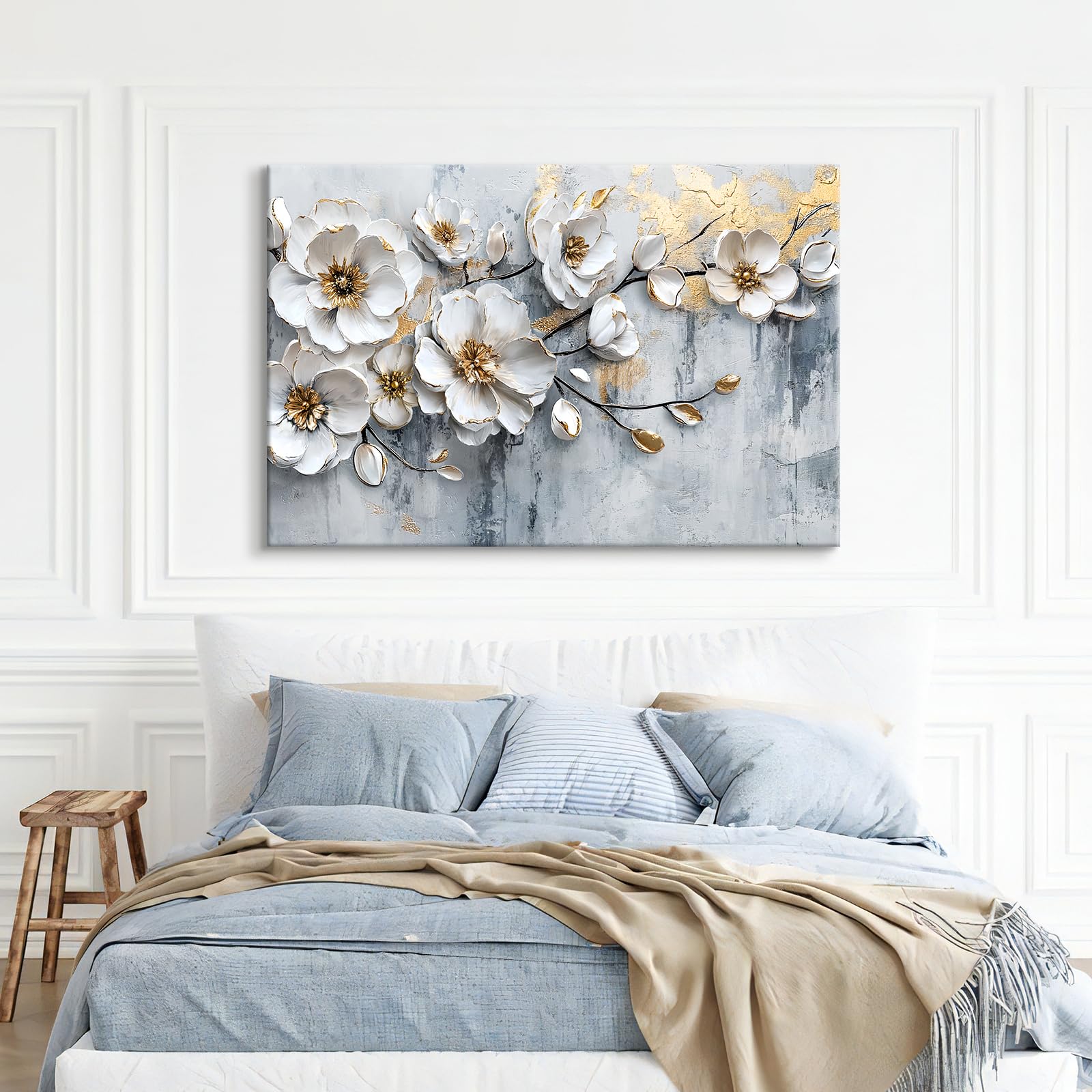 WENGTIAO Stampa su Tela Peonia Bianca Floreale Incorniciato Grande Quadro su Tela Estetica Fiori Bianchi Pittura Quadri Moderni Soggiorno Camera da Letto Casa Decorativo Parete 120x80 cm