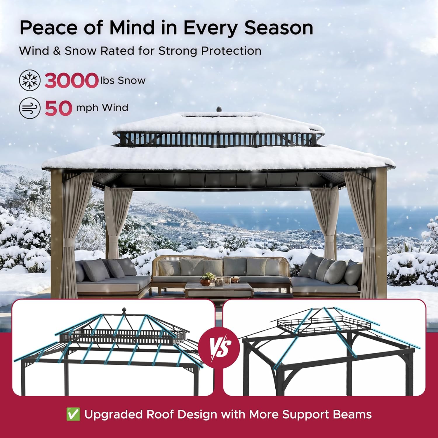 SUNJOY Kingston 16' x 12' Hardtop Wood Gazebo with Galvanized Steel/Polycarbonate Double Roof, Curtain and Netting, Cedar Posts Permanent Pavilion Gazebo for Garden, Patio, Deck, Lawn