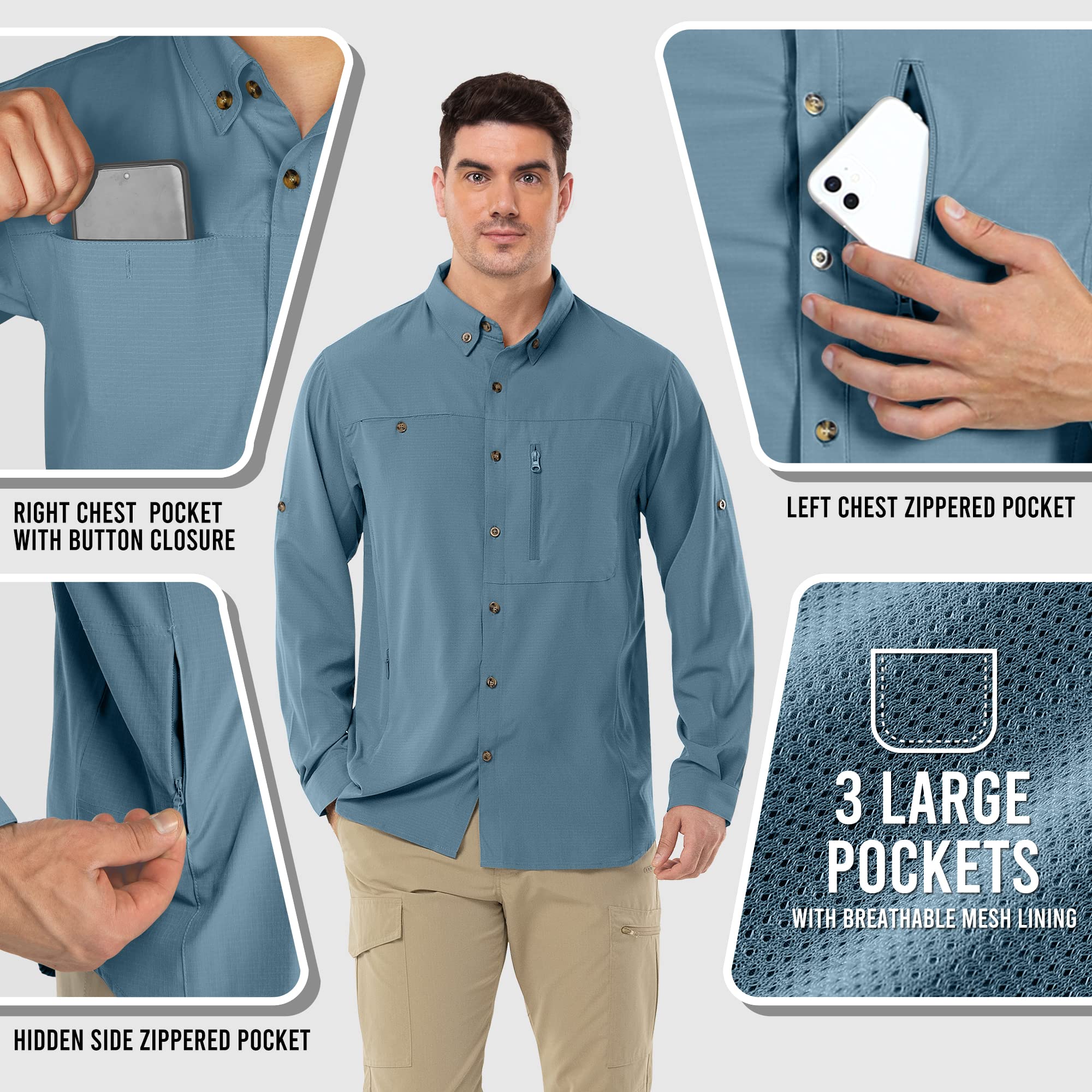 Camisa de manga larga para hombre, camisa de manga larga, de secado rápido, ligera, transpirable, protección UV 50+, con bolsillos, camisa de trabajo para pesca, correr, senderismo, camping