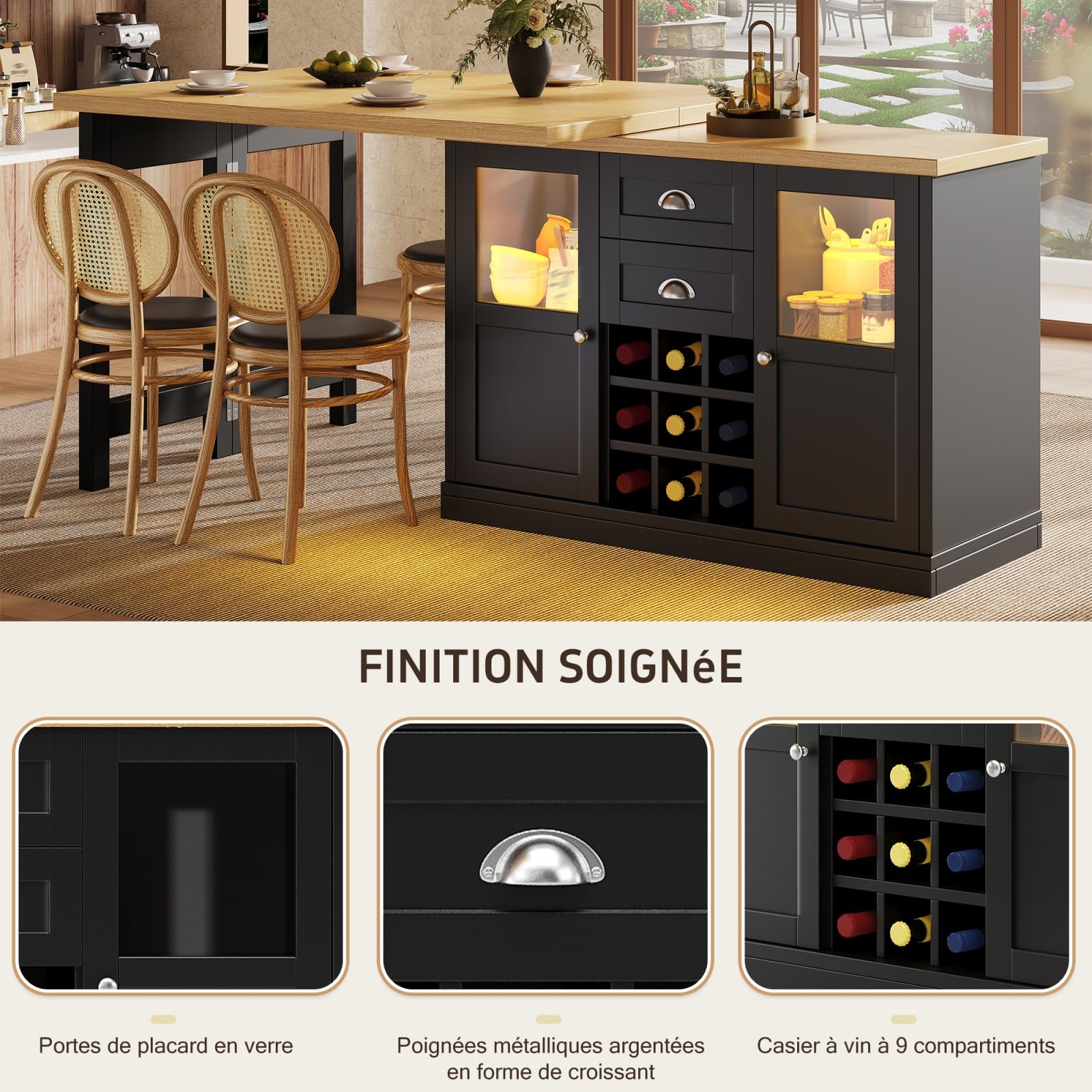 YEHTOKHOME - Isla central de cocina con almacenamiento y encimera, mesa de comedor extensible de 120 a 197 cm giratoria a 360 °, 2 cajones y 2 puertas con LED, bodega, mesa de bar (G-Negro)