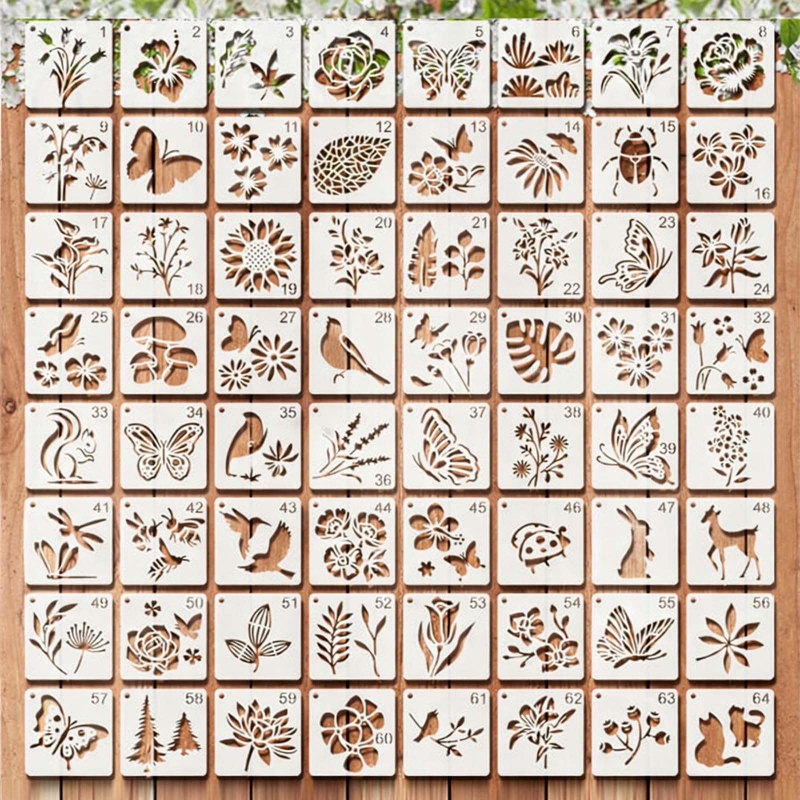Lot de 64 pochoirs réutilisables 7,6 x 7,6 cm pour peinture plastique bricolage motifs fleurs feuilles