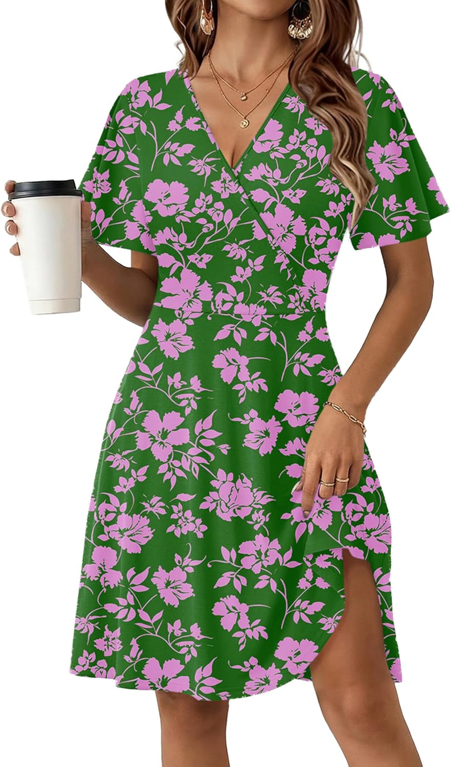 Zeagoo Womens Summer Sundress Ruffle Short Sleeve Casual Dresses V Neck Floral Wrap A-Line Party Dress with Pockets - Image 2