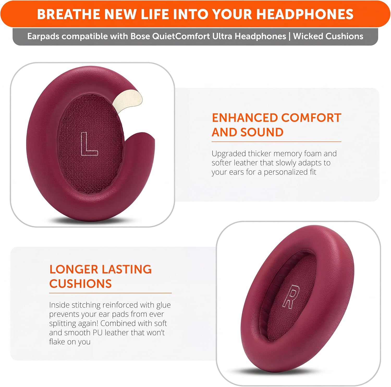 WC PadZ QC Ultra – Upgraded Replacement Earpads Compatible with Bose QuietComfort Ultra Gen 1 & Gen 2 by Wicked Cushions | Enhanced Comfort, Thickness & Durability | Deep Plum