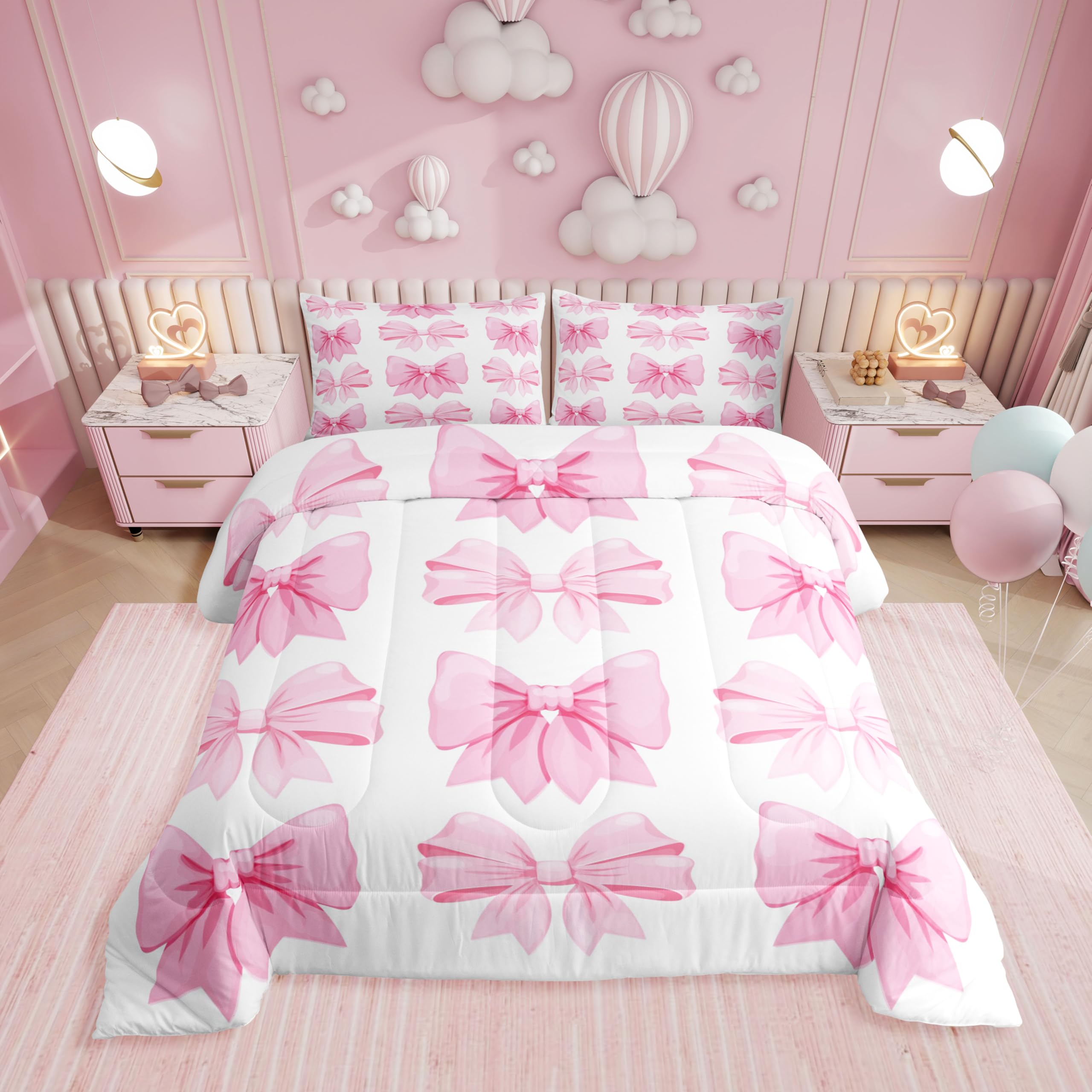 Erosebridal Cute Pink Bows Queen Bedding Set for Girls Women,Princess Bow Tie Comforter Set Room Decor,Girly Pink Bow Knot Quilt Set Pink and White Bowknot Bedding Comforter Sets,2 Pillowcases