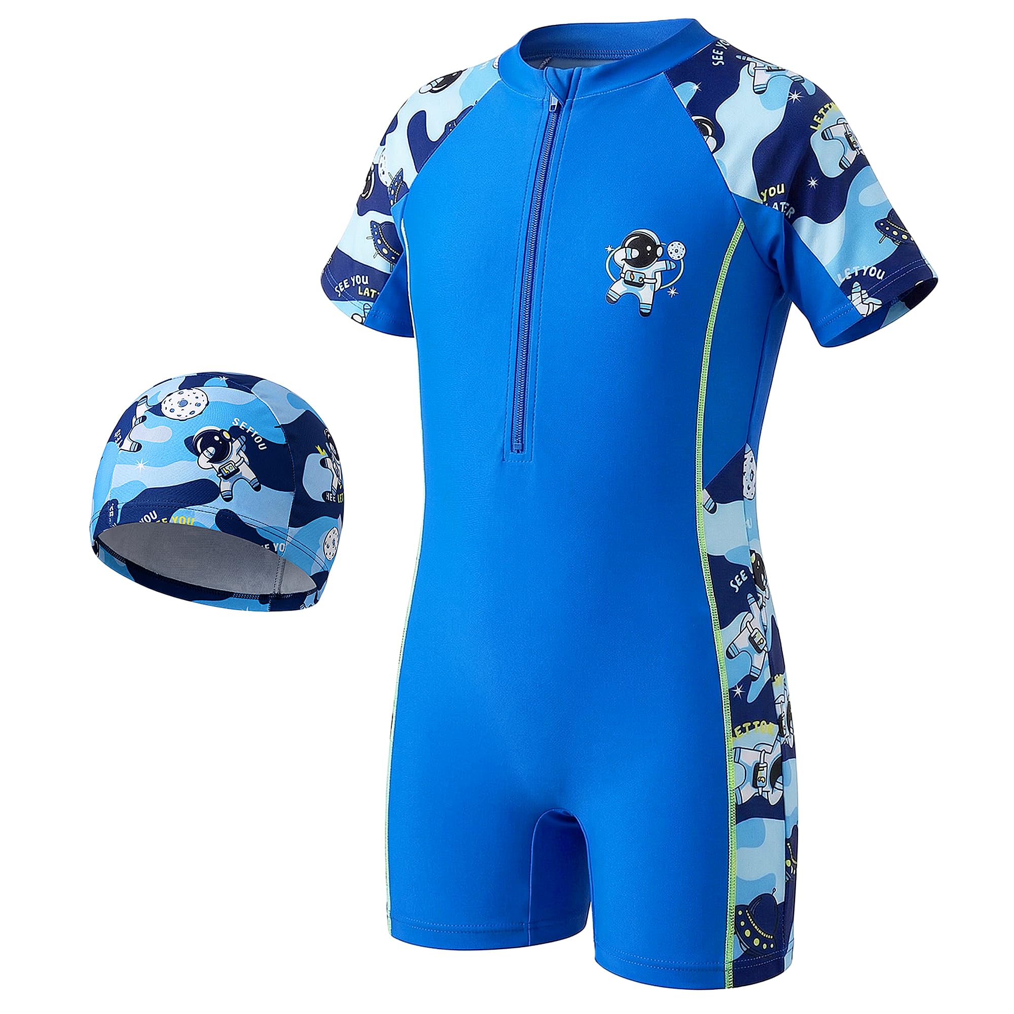 Jungen Mädchen Einteiler Schwimmanzug mit Badekappe Kinder Badeanzug Kurzarm Schwimmbekleidung mit Reißverschluss Vorne Cartoon Sommerkleidung Bademode für Strand Pool 4-10 Jahre