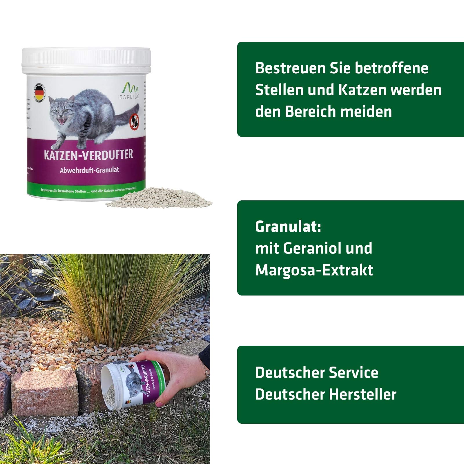 Gardigo Katzenschreck Granulat - Katzen-Verdufter - 3er Set | 900g | Katzenabwehr für Haus, Garten, Garage und Grundstück | Mit Geraniol I Made in Germany I Katzenvertreiber für draußen