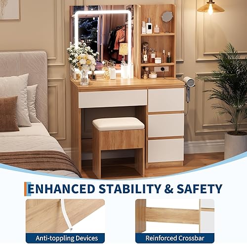 Miniatura 7 de Escritorio de tocador con espejo y luz, escritorio de tocador con 4 cajones, toma de corriente, taburete de almacenamiento, estantes de