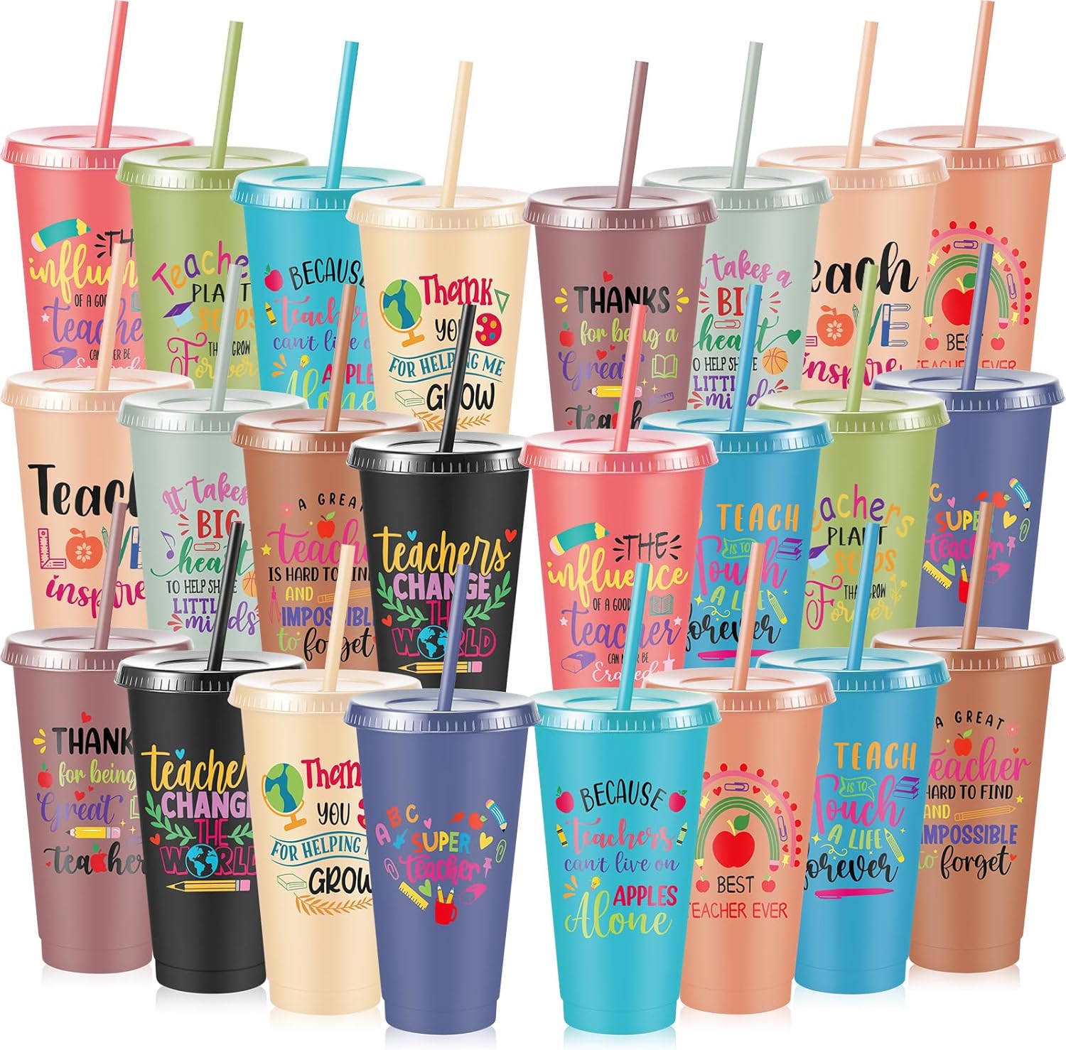 Chuangdi 48 Pcs Inspirational Teacher Appreciation Gifts Bulk for Women from Students, 24 oz Plastic Thank You Teacher Cups Tumblers, Graduation End of Year Gifts for Women (Colorful,Mixed)