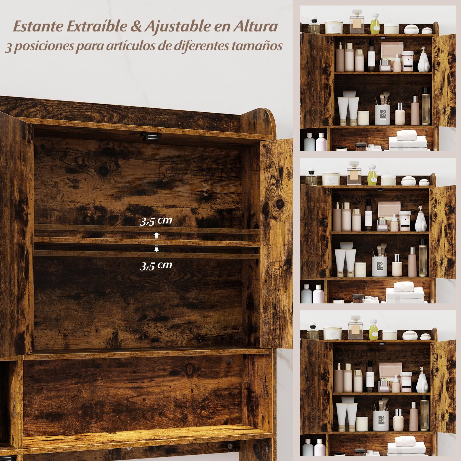 COSTWAY Mueble sobre Inodoro, Armario Independiente para Lavadora con Armario de 2 Puertas, 6 Compartimentos, Caja para Pañuelos, Gancho y Estante Ajustable, Estanterias Alta de Almacenaje (Café)