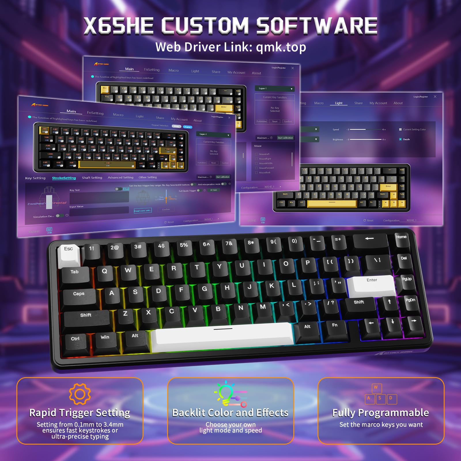 MAMBASNAKE x Attack Shark Combo De Teclado y Ratón para Juegos con Cable, Ratón Inalámbrico Superligero PAW3311 De 59g, Teclado Magnético Mini 65% De Disparo Rápido con Cable En Espiral De 8Khz-Negro