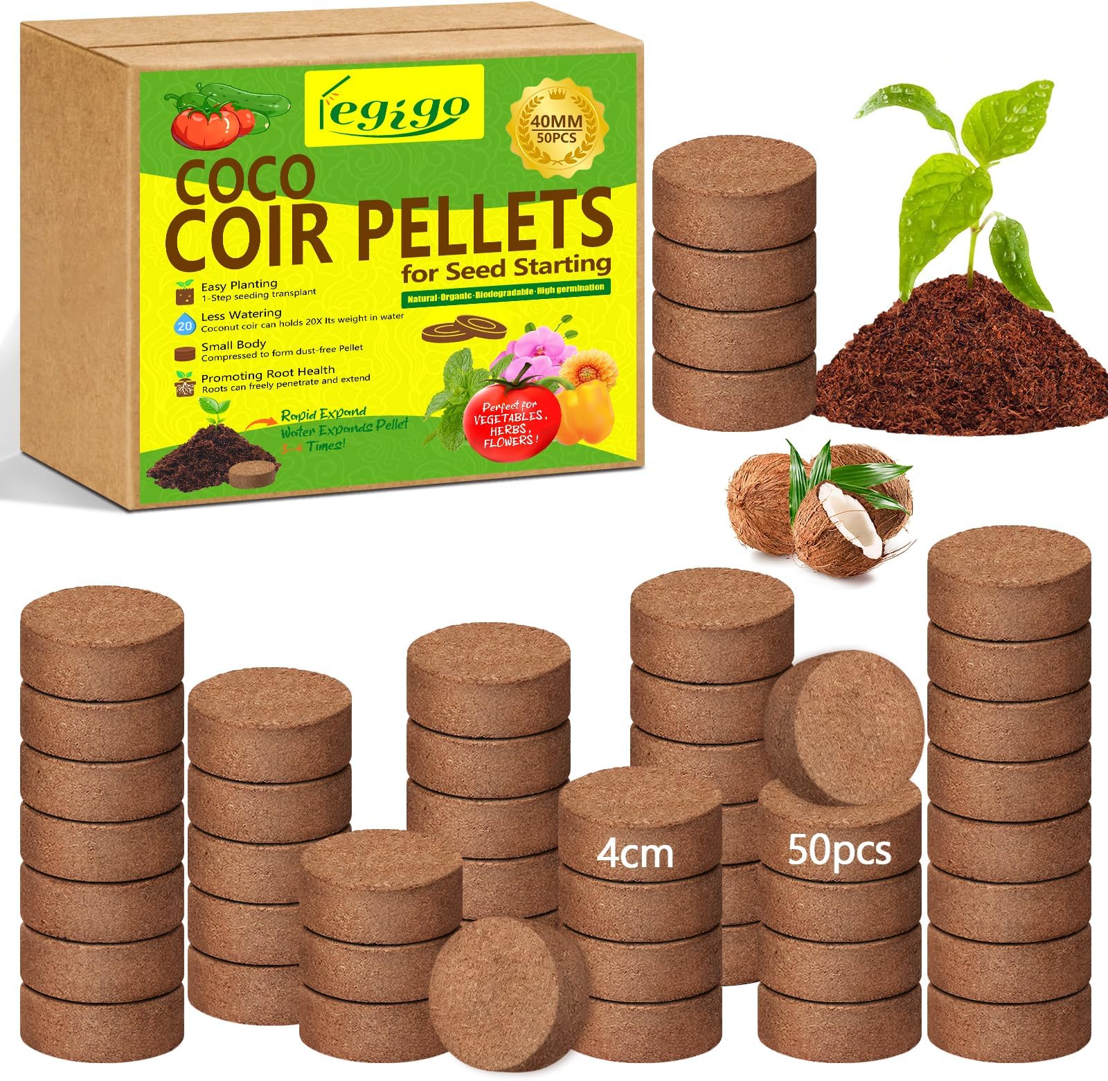 Legigo 50 Pcs 40mm Coco Coir Pellets Seed Starter Soil Mix- Organic Coconut Coir Potting Soil Pods for Seedling, Coco Peat Soil Discs for Indoor & Outdoor Plants Bonsai Herbs Vegetables and Flowers