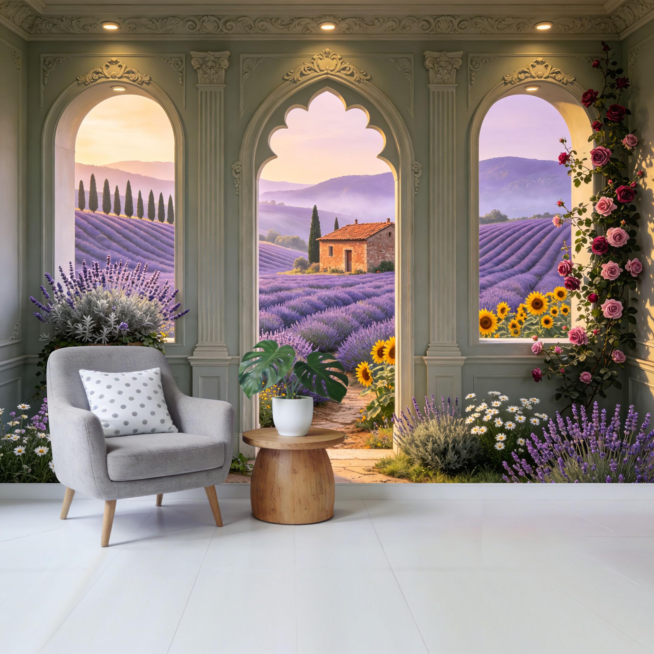 Removable Self Adhesive Fabric Mural， Tuscan Lavender Field Countryside Custom Size Wall Covering， UV Protected Waterproof Washable Wall Decor for Living Room Bedroom Bathroom