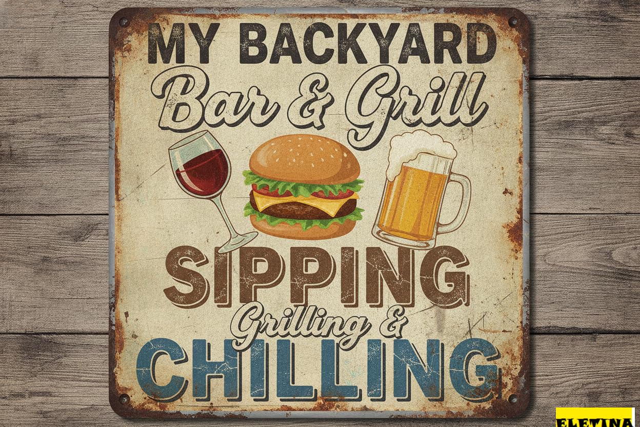 My Backyard Bar And Grill Tin Sign, 8x12 Inch Decor