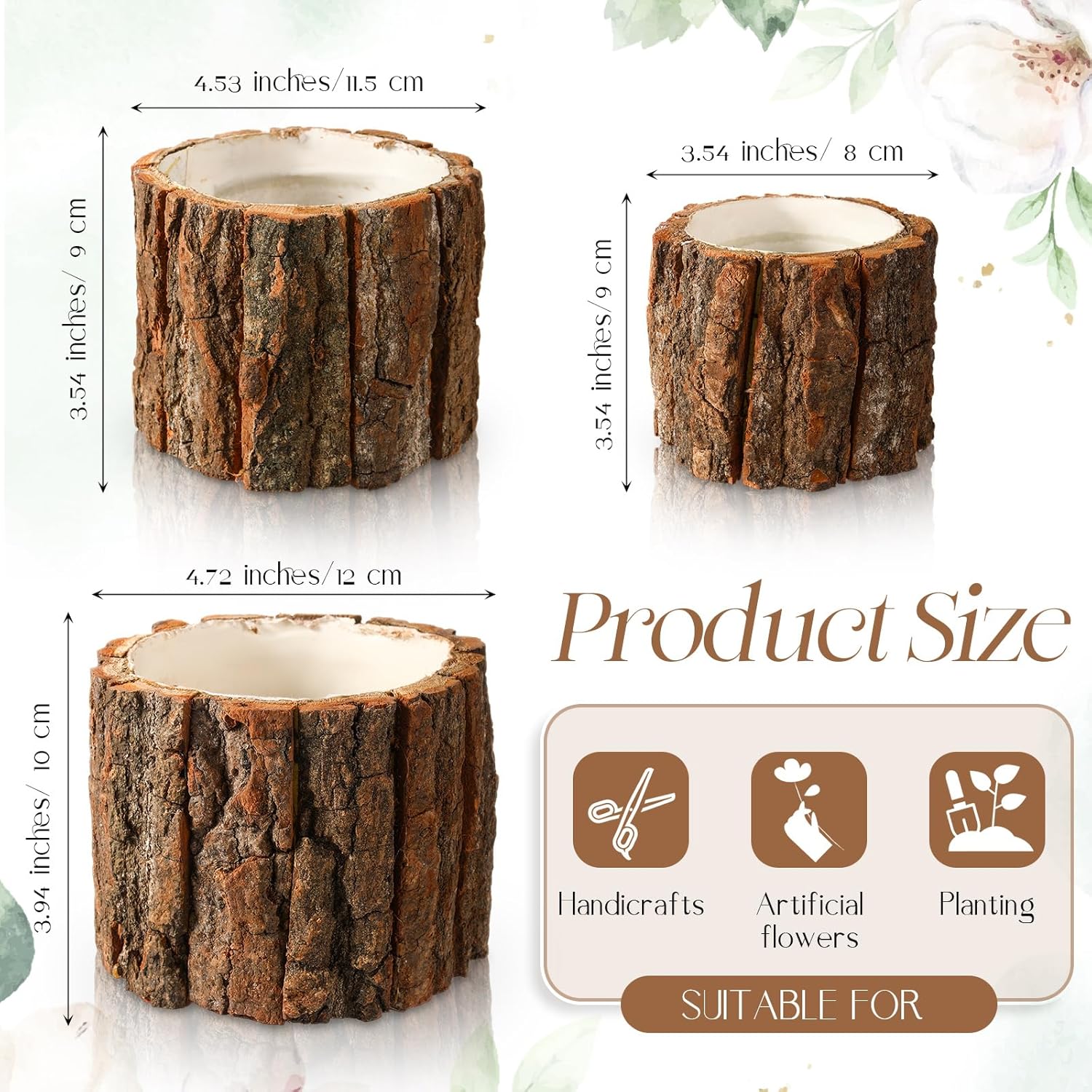 3 Pcs Wooden Vase for Centerpieces Wedding Flower Table Centerpieces Woodland Party Decor Rustic Farmhouse Bark Stump Buckets Vintage Planter Pots for Garden Baby Shower Window Home (L+m+s)