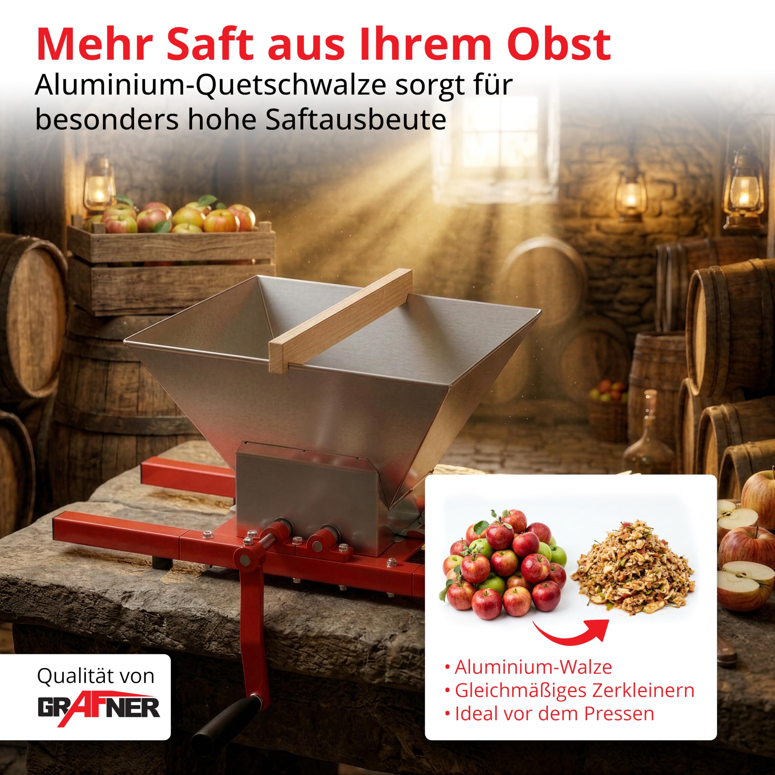 Grafner Obstmühle 7 Liter, Massive Ausführung mit Handkurbel, Apfelpresse Beerenmühle Traubenmühle Saftpresse Obsthäcksler Maischemühle Obstpresse