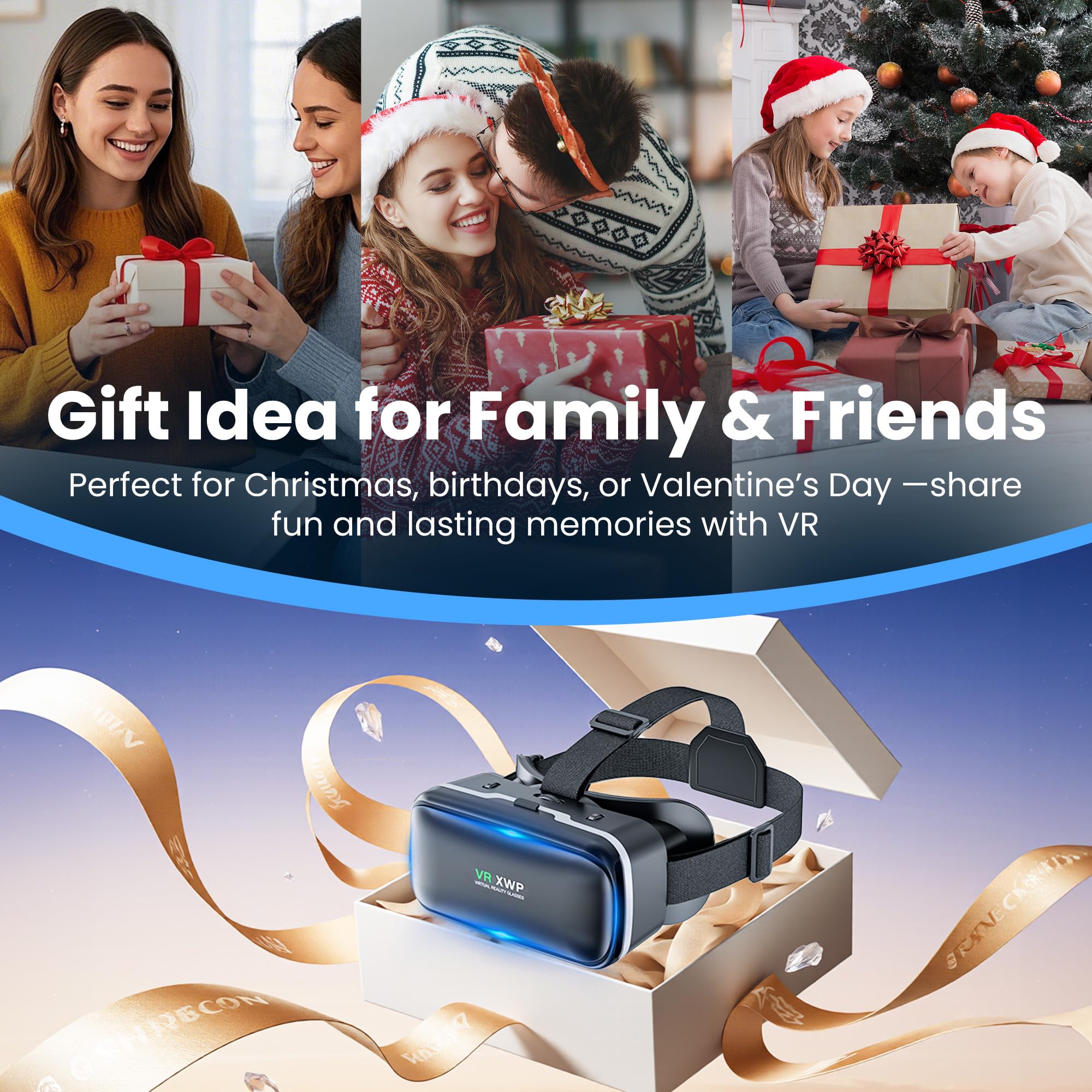 XWP Visore VR, Occhiali di Realtà Virtuale 3D con Lenti HD Anti-Luce Blu per Film e Giochi su Smartphone, Compatibile con Smartphone iOS/Android (4.7–6.8"), Regalo di Natale per Amici e Famiglie